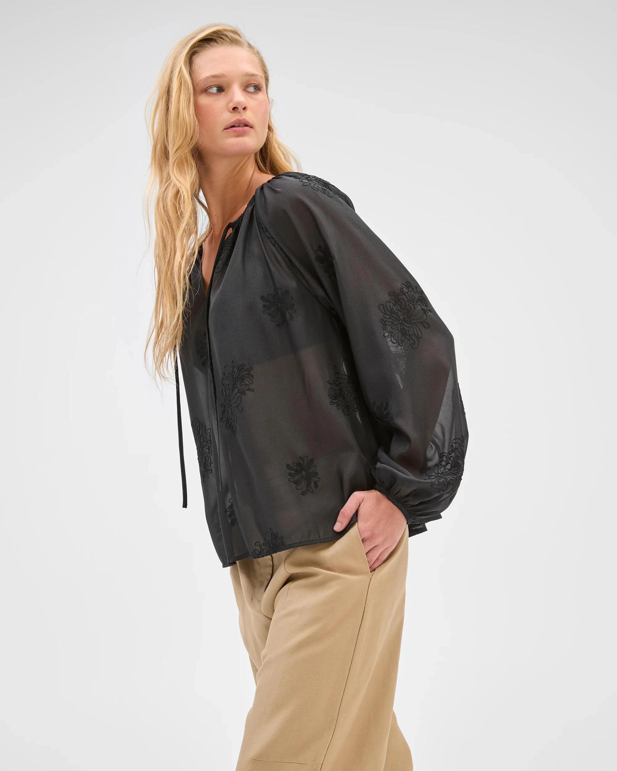 3 Preview Long Sleeve Embroidered Detail Blouse BLACK, 3 of 8