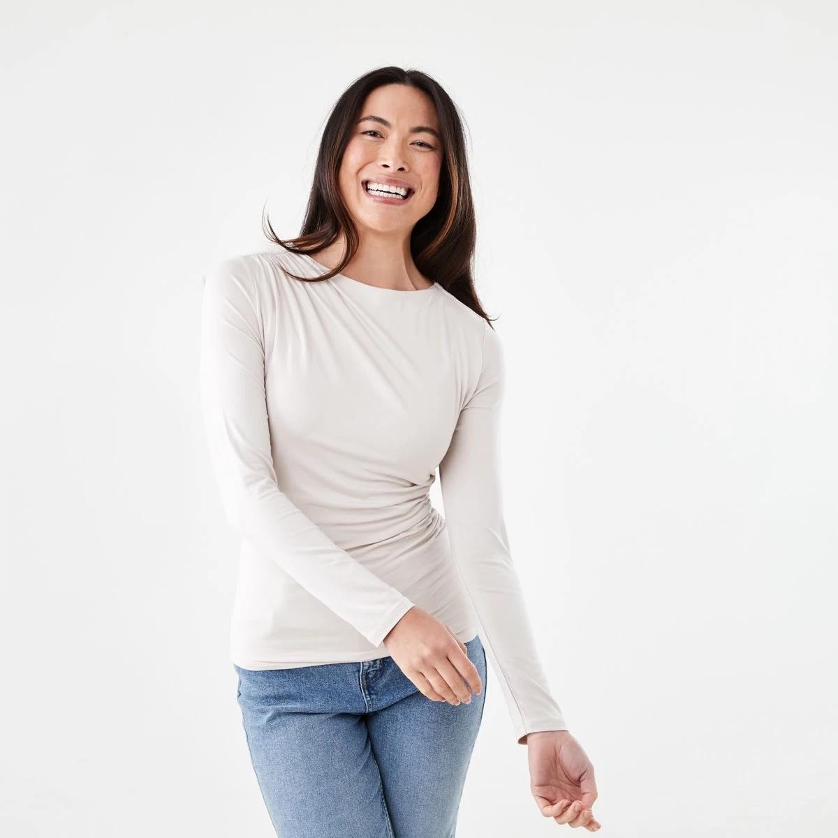 1 Long Sleeve Ruched Shoulder Top Nat Beige, 1 of 6