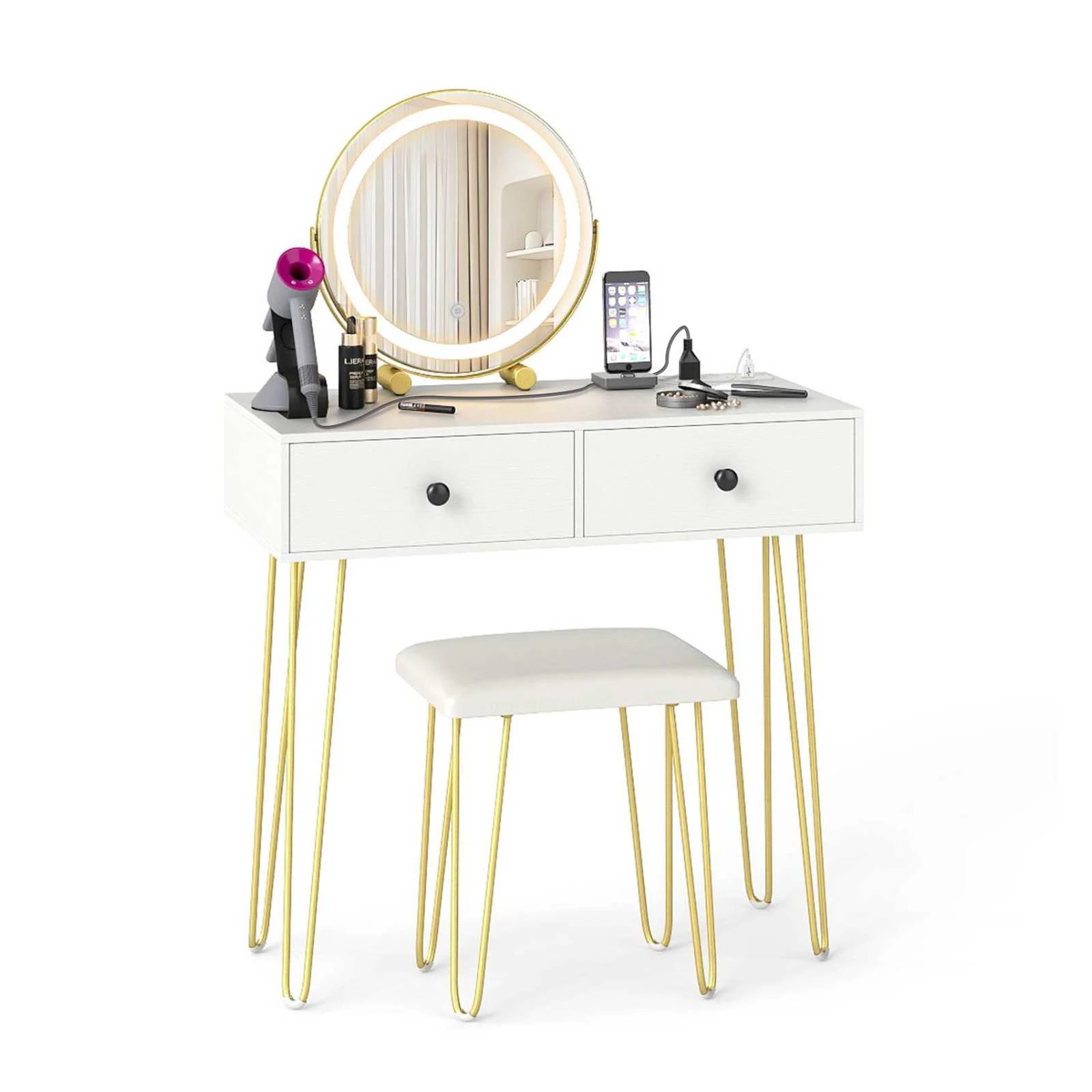 2 Costway Vanity Desk Makeup Dressing Table & Stool Set w/Charging Station, 2 of 2