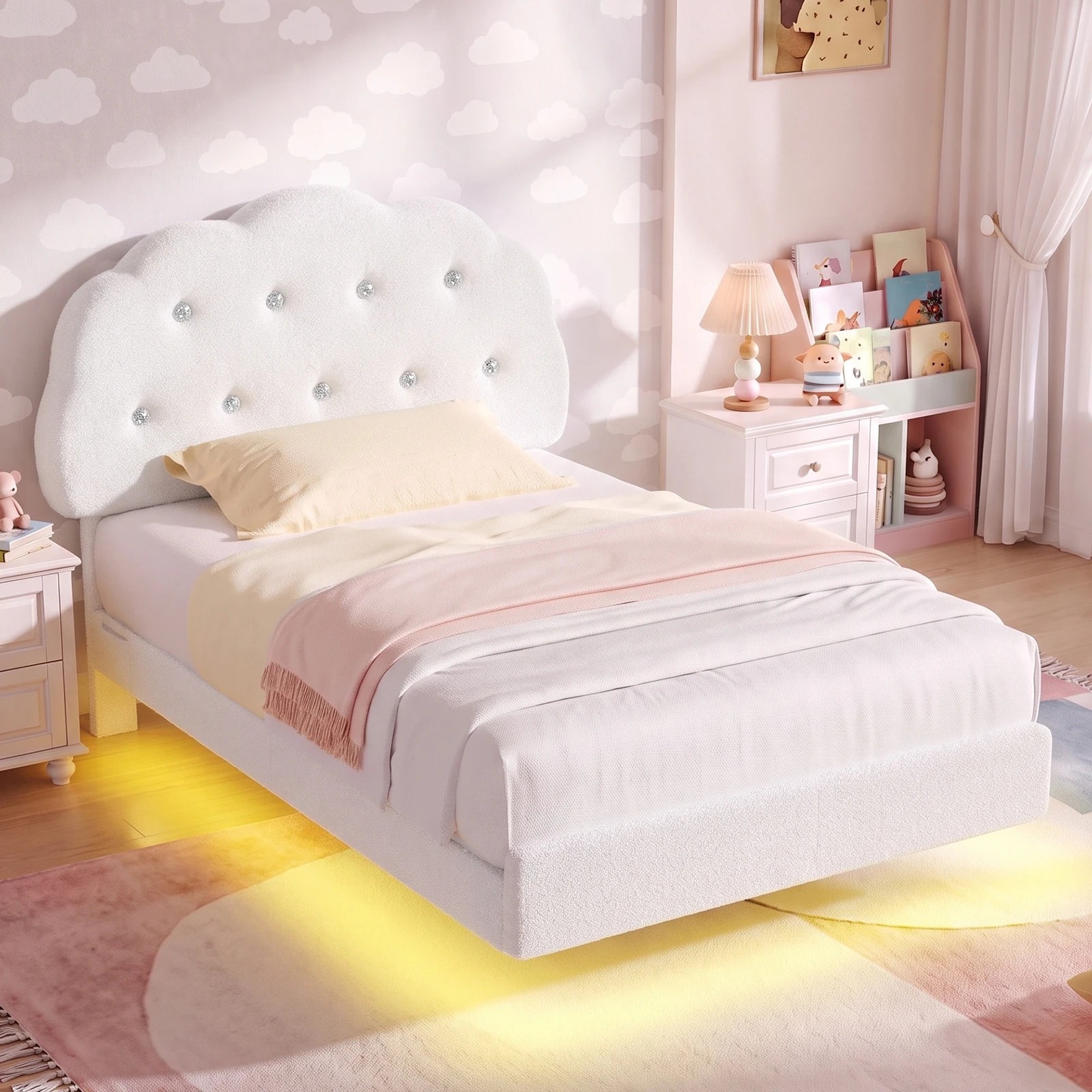 6 Advwin LED Floating Bed Frame with Adjustable Headboard and Storage Bags King Single - White, 6 of 7