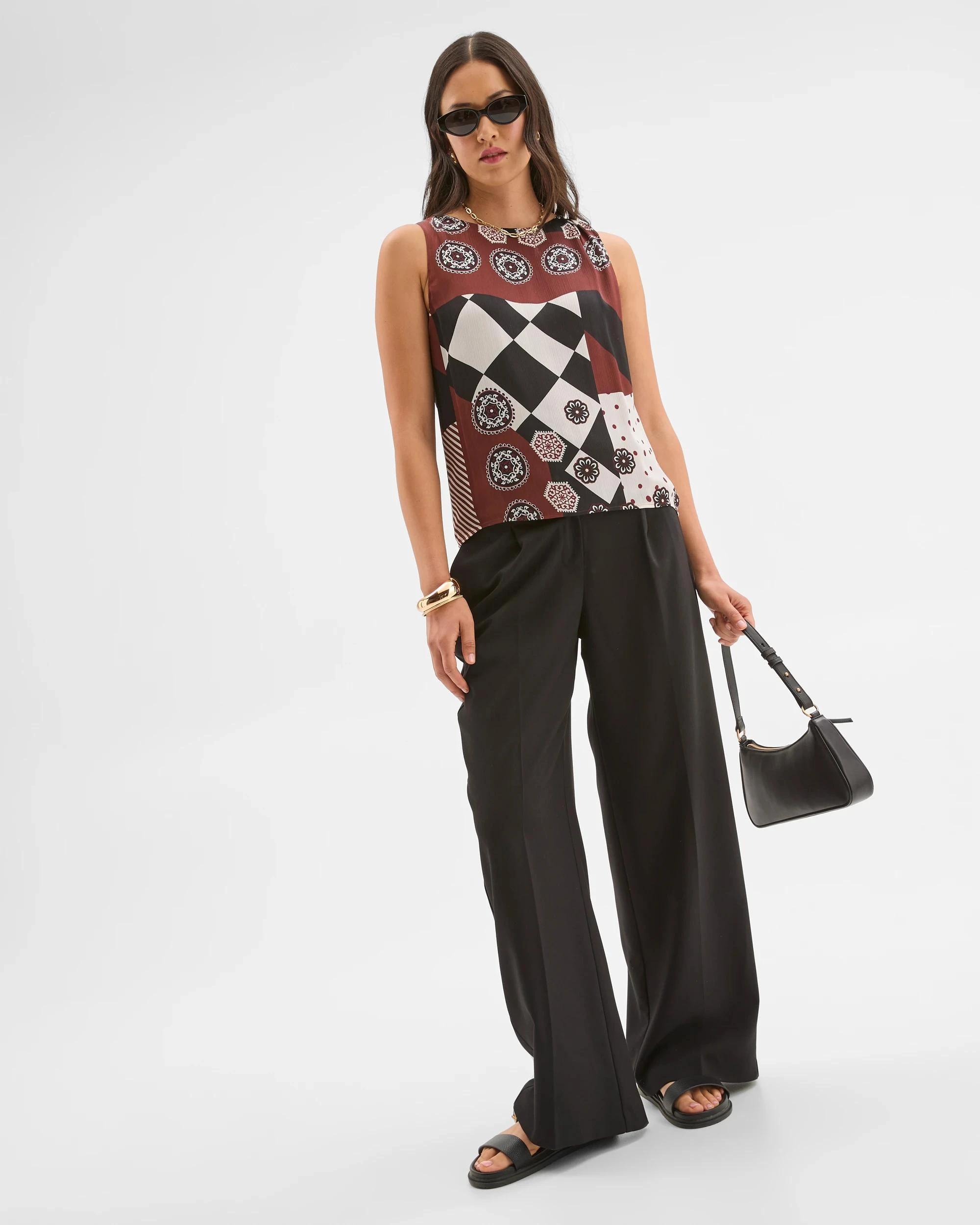 2 Preview Sleeveless Shoulder Pleat Detail Blouse SPLICED PRINT, 2 of 9