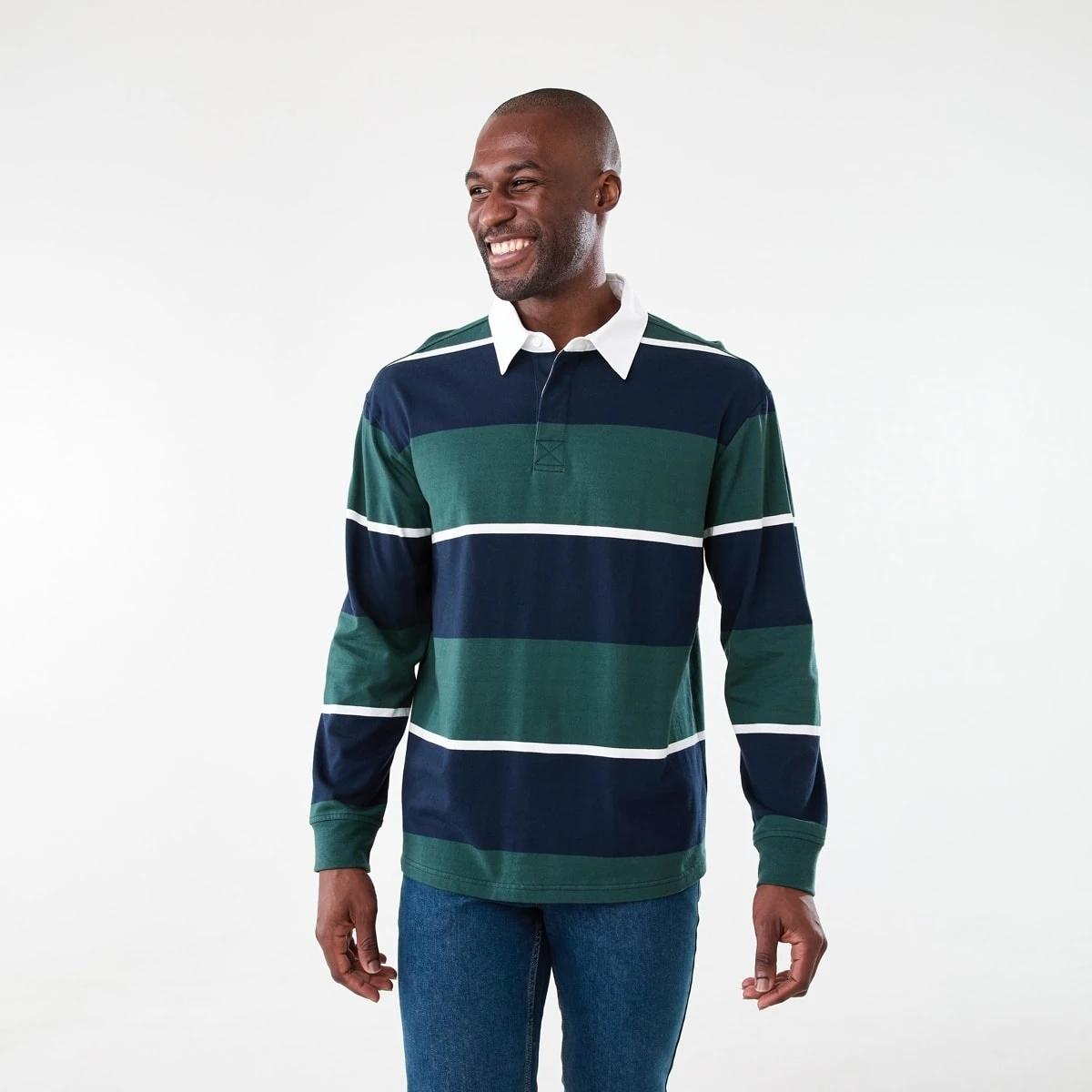 1 Long Sleeve Striped Rugby Shirt Grn Strp, 1 of 5