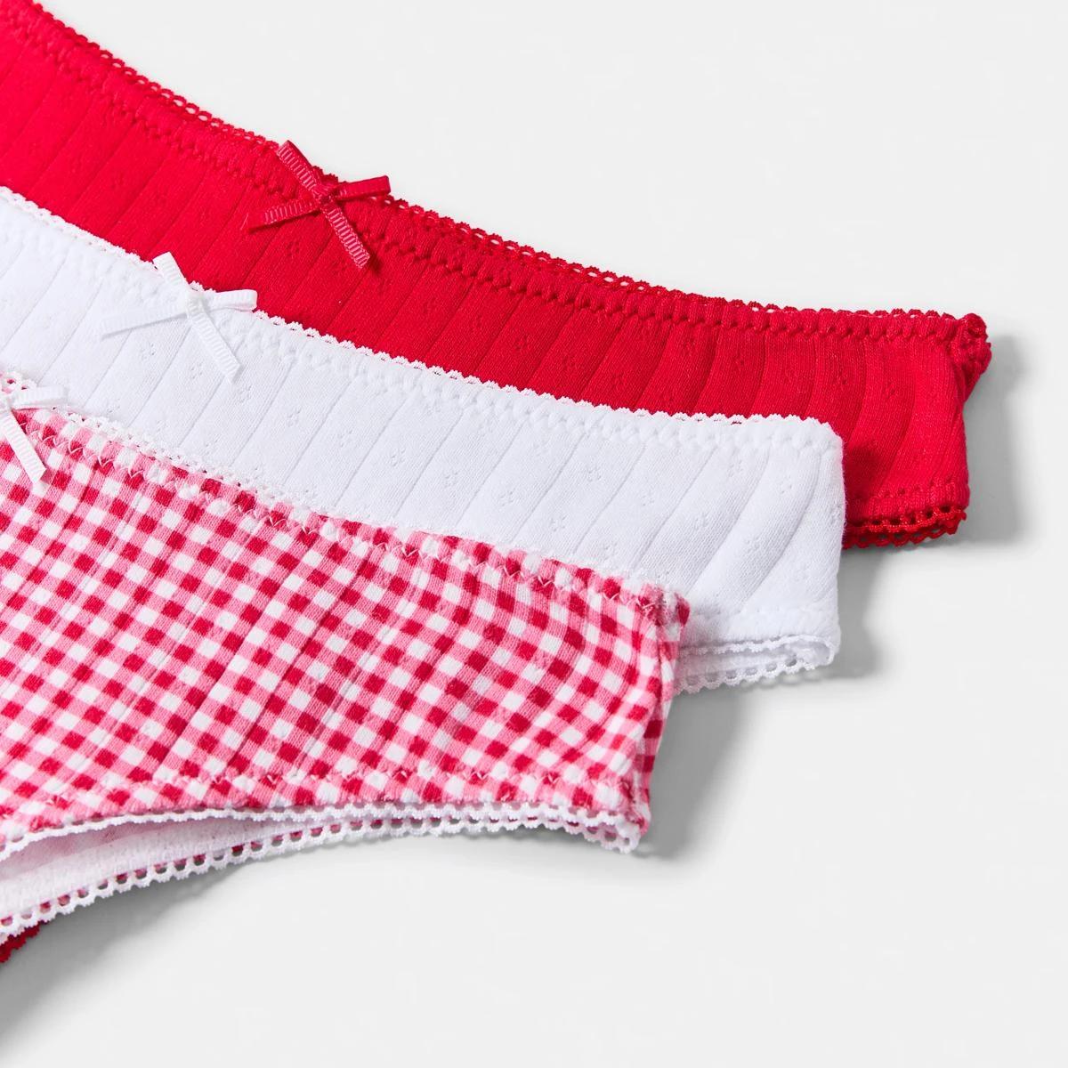 3 3 Pack Pointelle Cheeky Bikini Briefs MINI CHECK RED, WHITE, 3 of 9