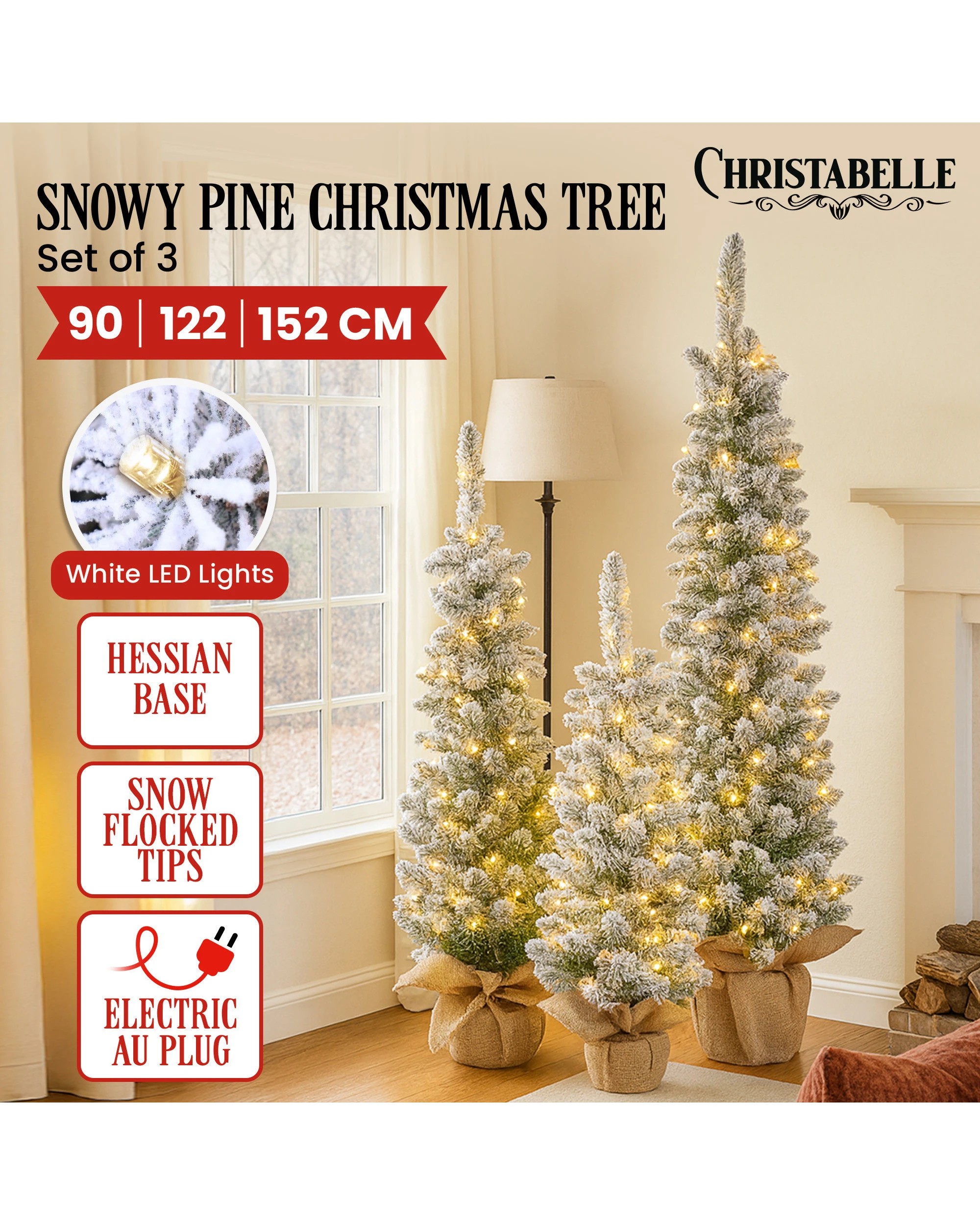 2 Christabelle Snowy Pine Christmas Trees Set Of 3 With Led Lights And Hessian Base, 2 of 9