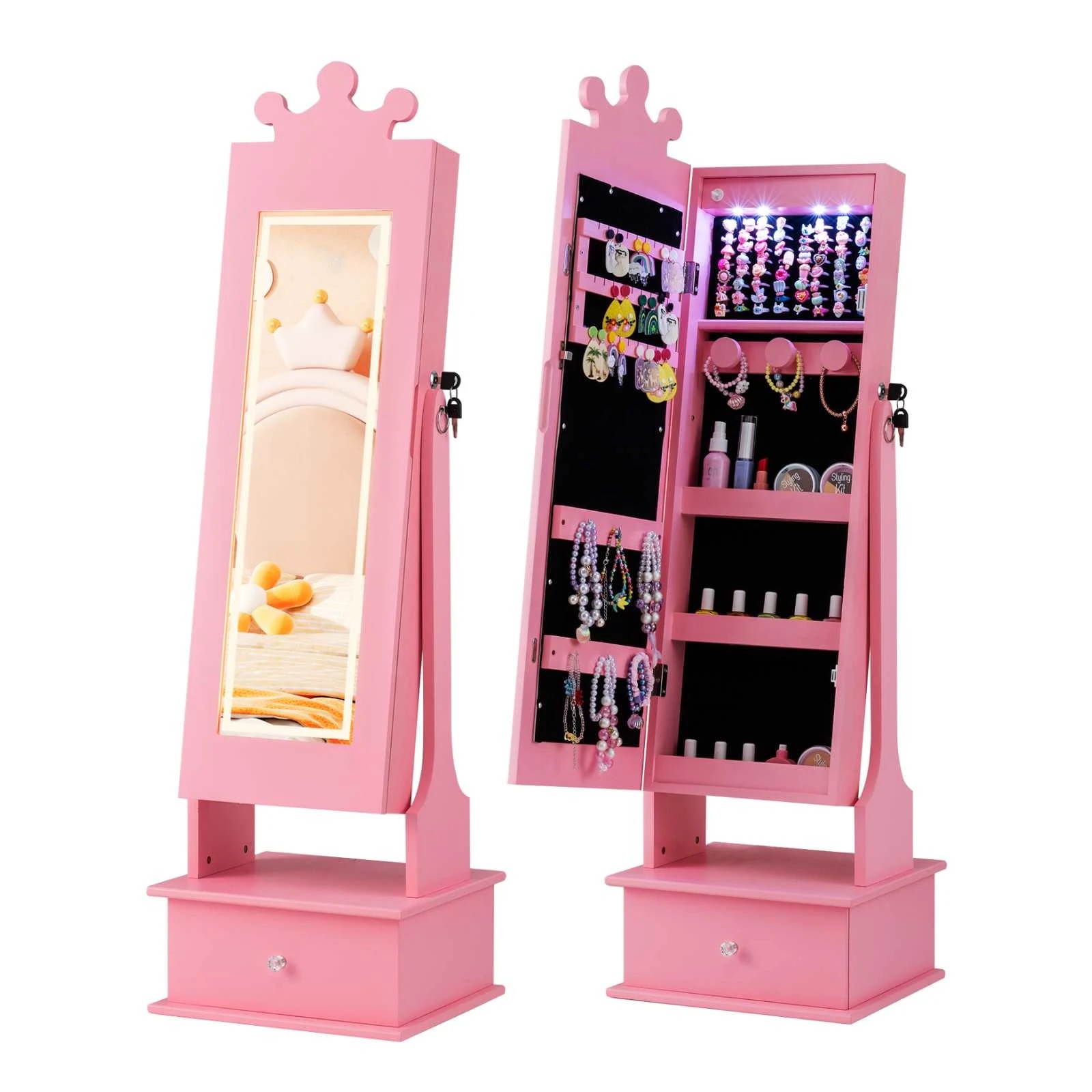 1 Costway Mirror Jewellery Cabinet Princess Armoire - Pink, 1 of 3