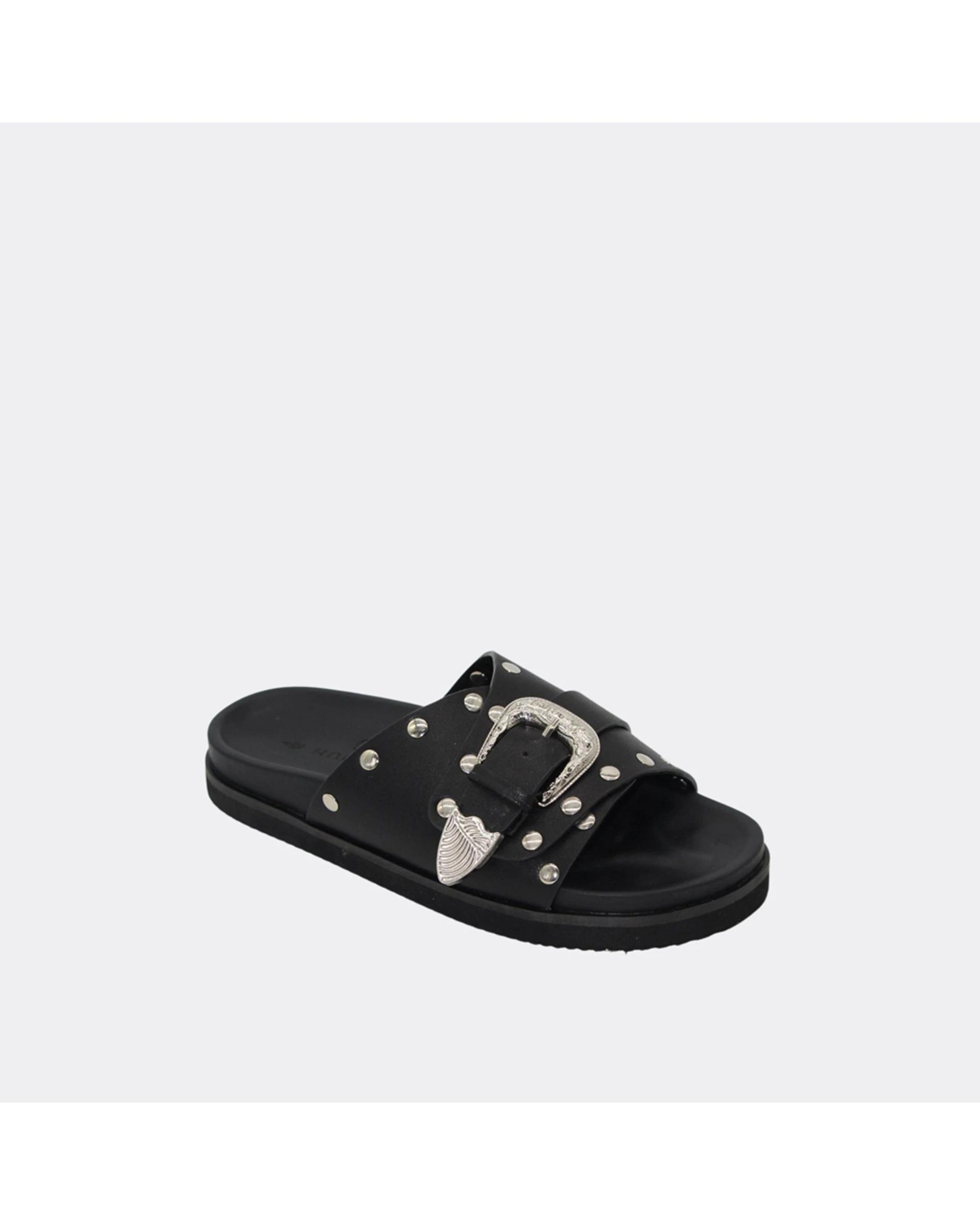 2 Human Shoes Aria Women's Slide Sandals with Buckle And Stud Tan BLACK, 2 of 3