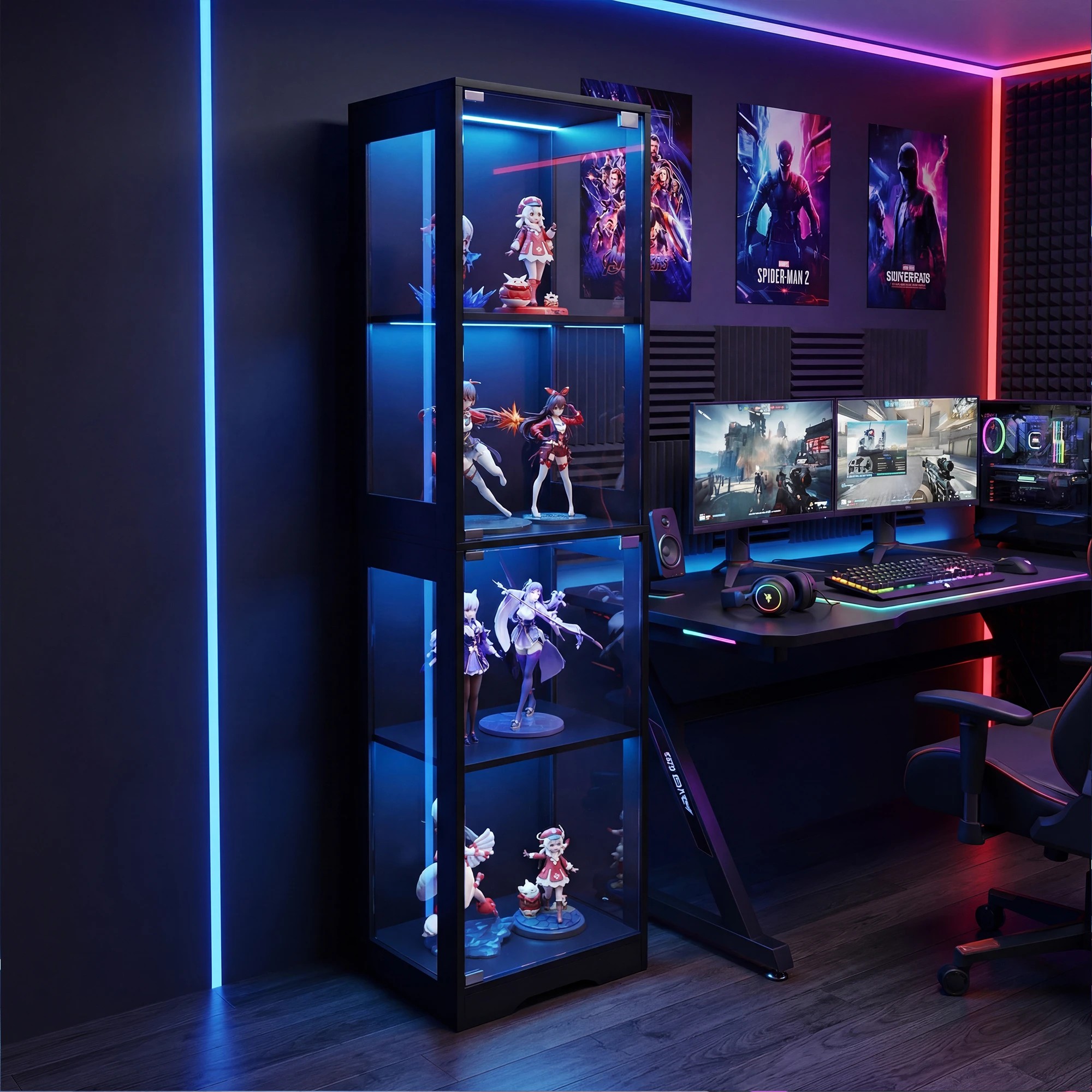 4 Advwin 4 Tier LED Glass Display Cabinet 160cm High Tall Storage Bookshelf - Black, 4 of 9