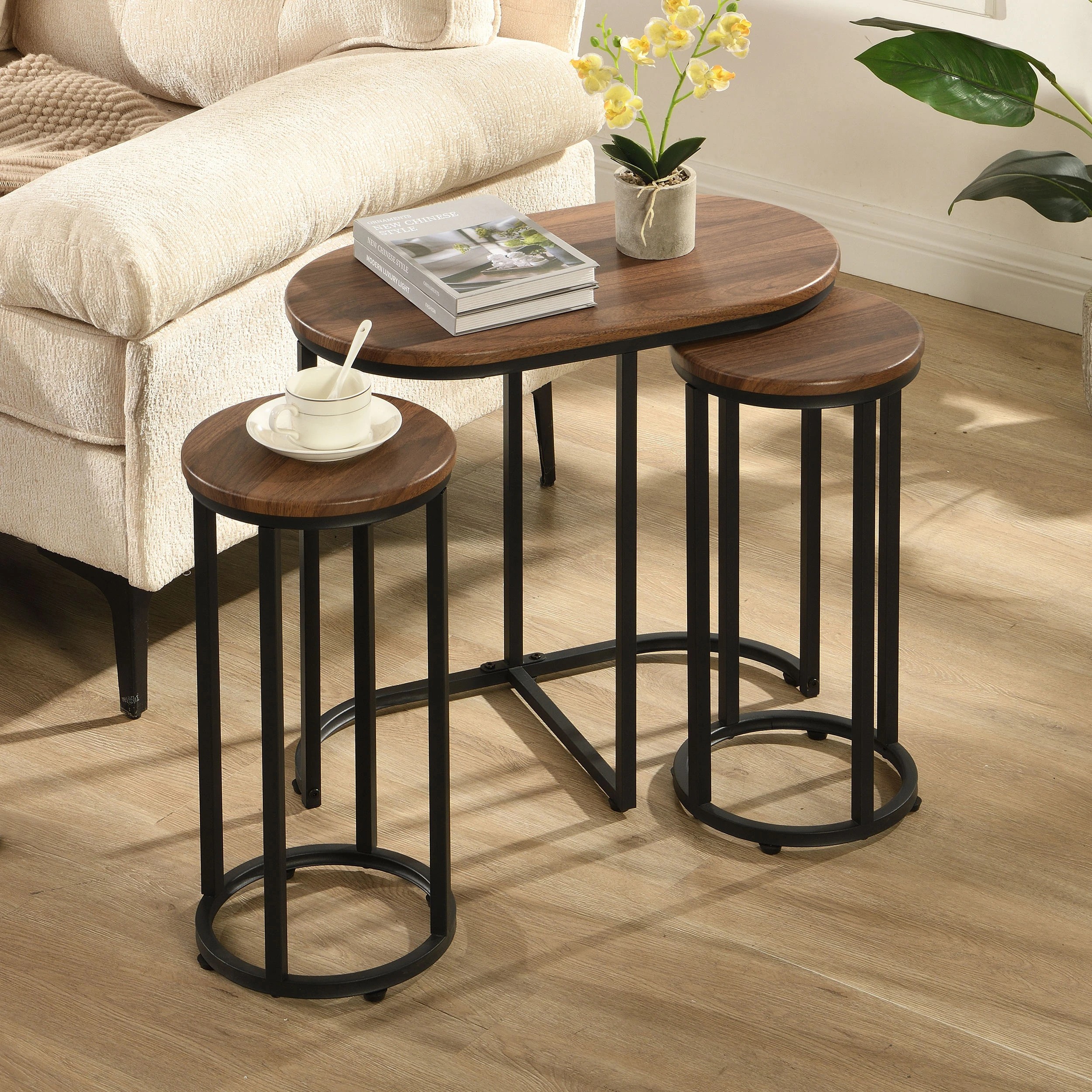 8 IHOMDEC 3 Pieces Oval Coffee Table Set with 2 Round Chairs Walnut - Brown, 8 of 9
