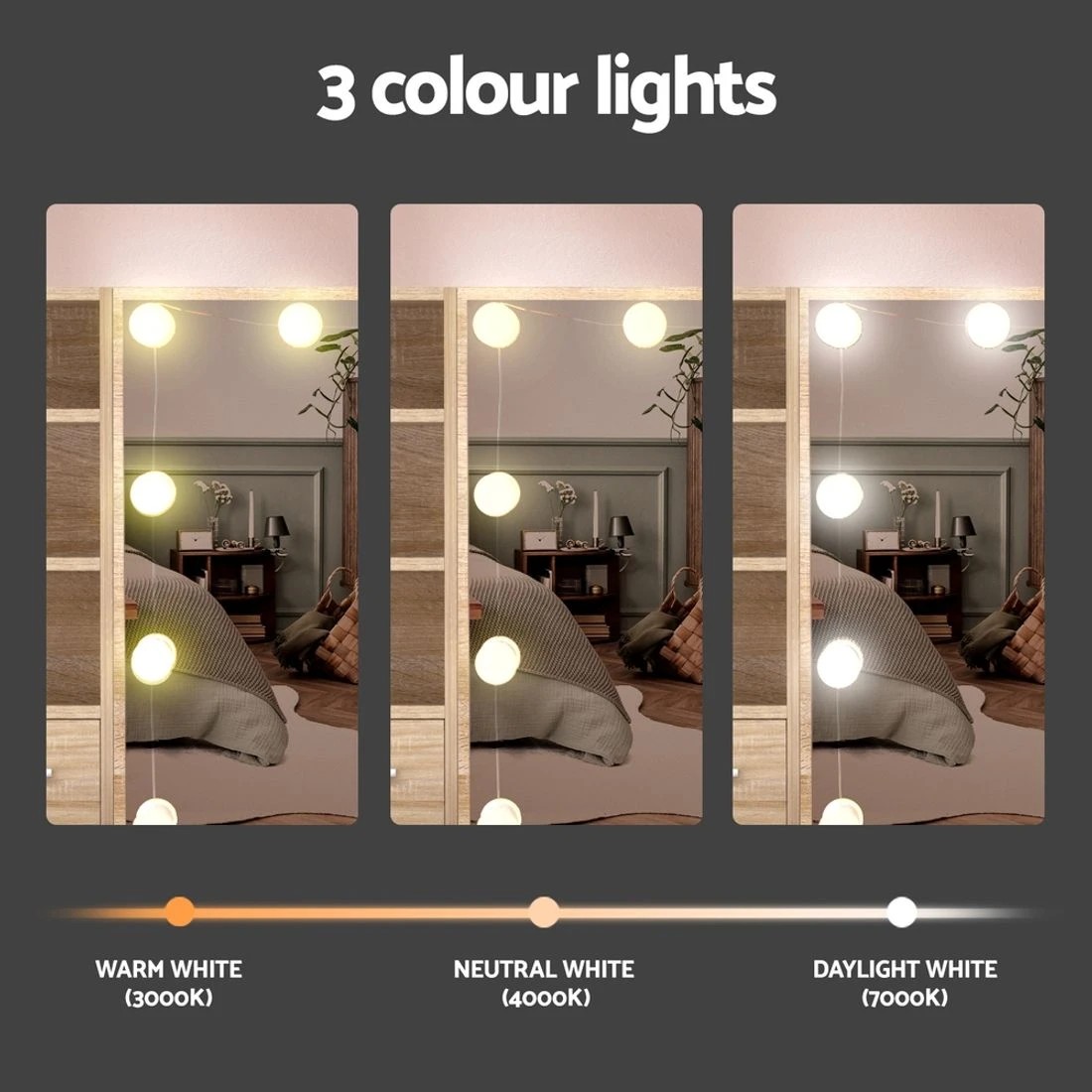 6 Artiss Dressing Table Set Stool 10 Led Bulbs Wood - Natural, 6 of 8