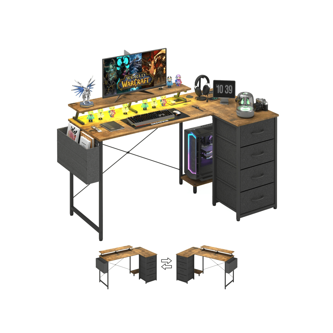 1 Advwin 140cm Walnut L Shaped Computer Desk With Led Lights & Power Outlets, 1 of 10