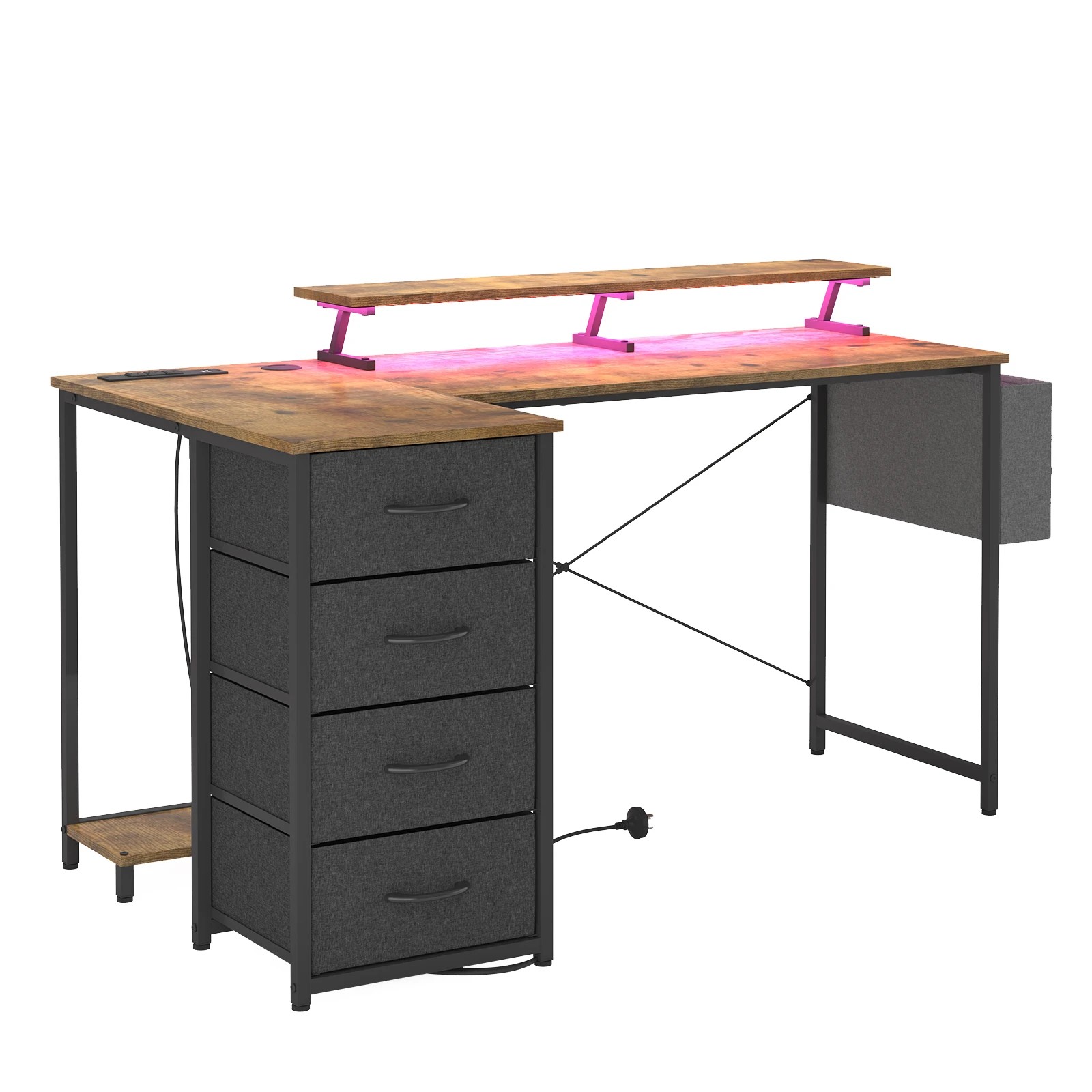 1 Advwin 140cm Walnut L Shaped Computer Desk With Led Lights & Power Outlets, 1 of 9