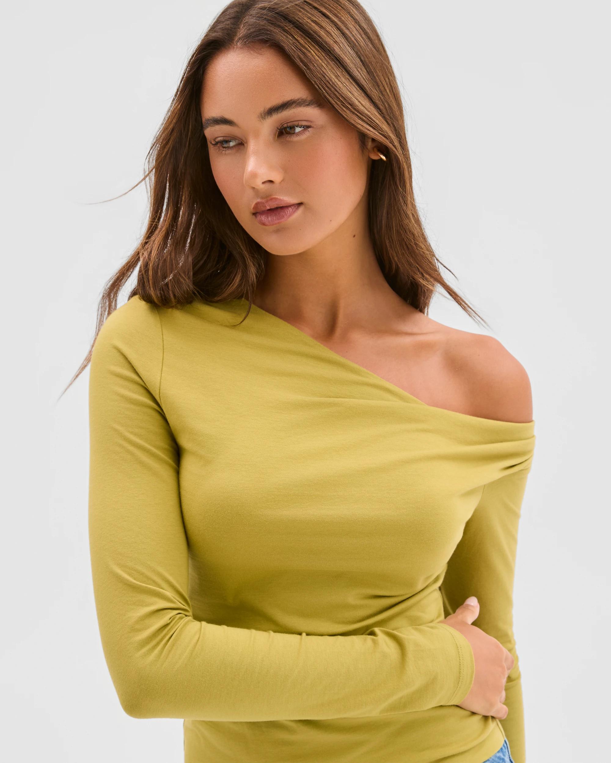 1 Lily Loves Australian Cotton Off Shoulder Long Sleeve Top MARTINI GREEN, 1 of 7