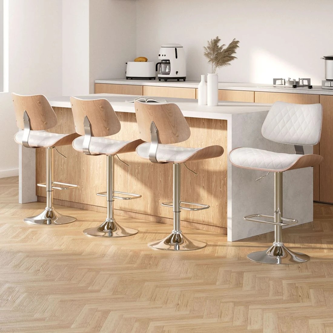 3 Artiss 4x Bar Stools Kitchen Dining Chairs Gas Lift Stool Wooden Leather - White, 3 of 7