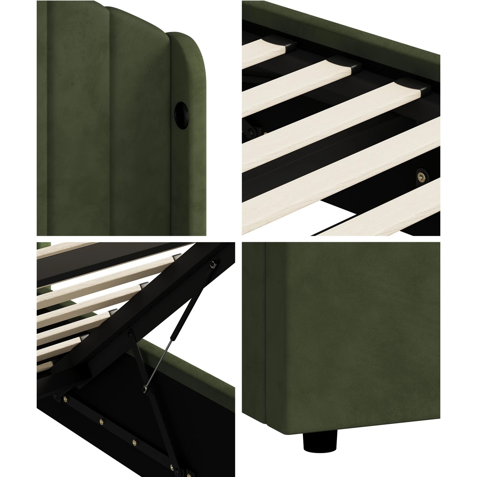 6 Oikiture Bed Frame Double Size With Gas Lift Storage USB Charging Velvet - Green, 6 of 9