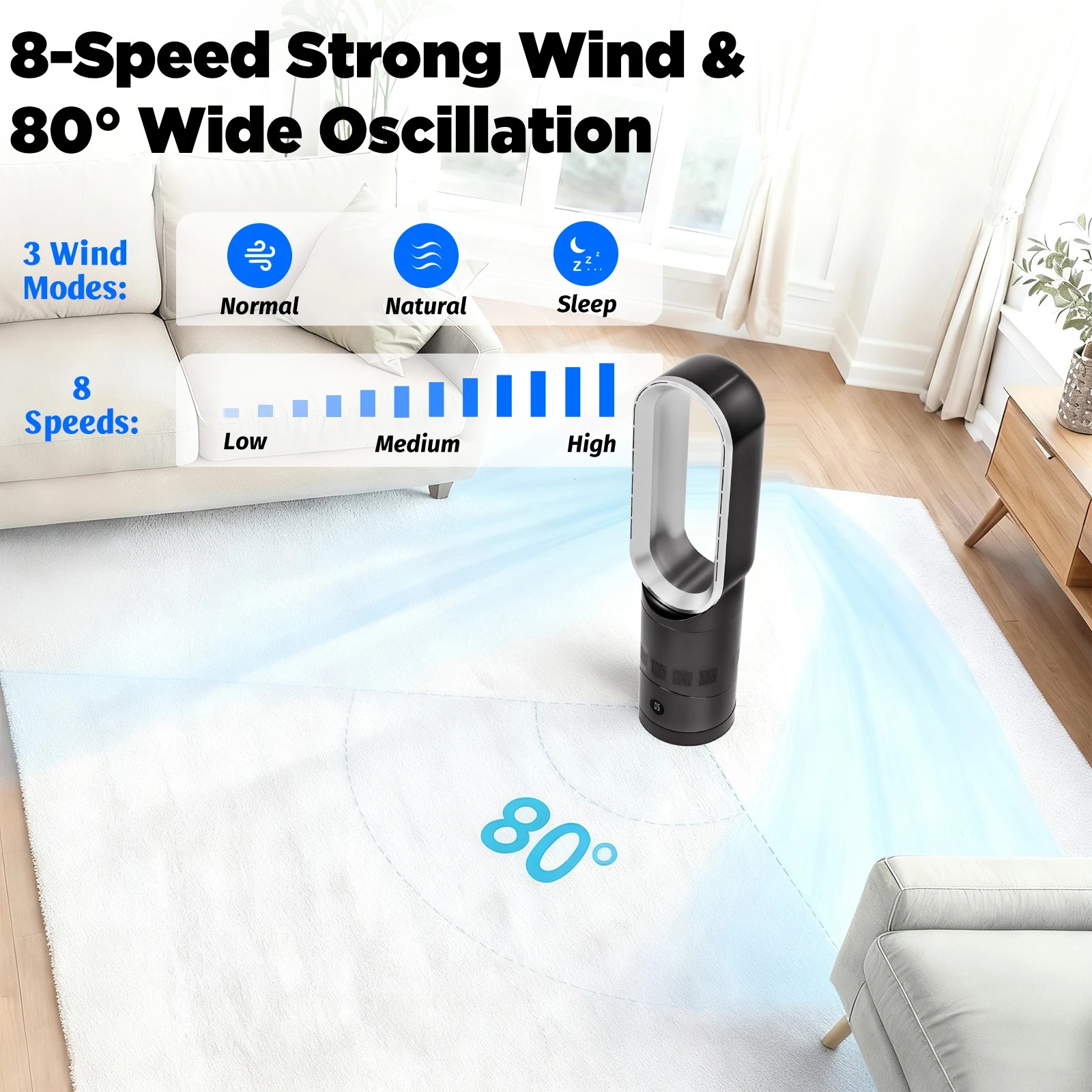 2 Advwin Bladeless Tower Fan, 8 Speeds, 9H Timer, Remote & Touch Control, 80° Oscillating, Portable Floor Fan for Bedroom, 2 of 6