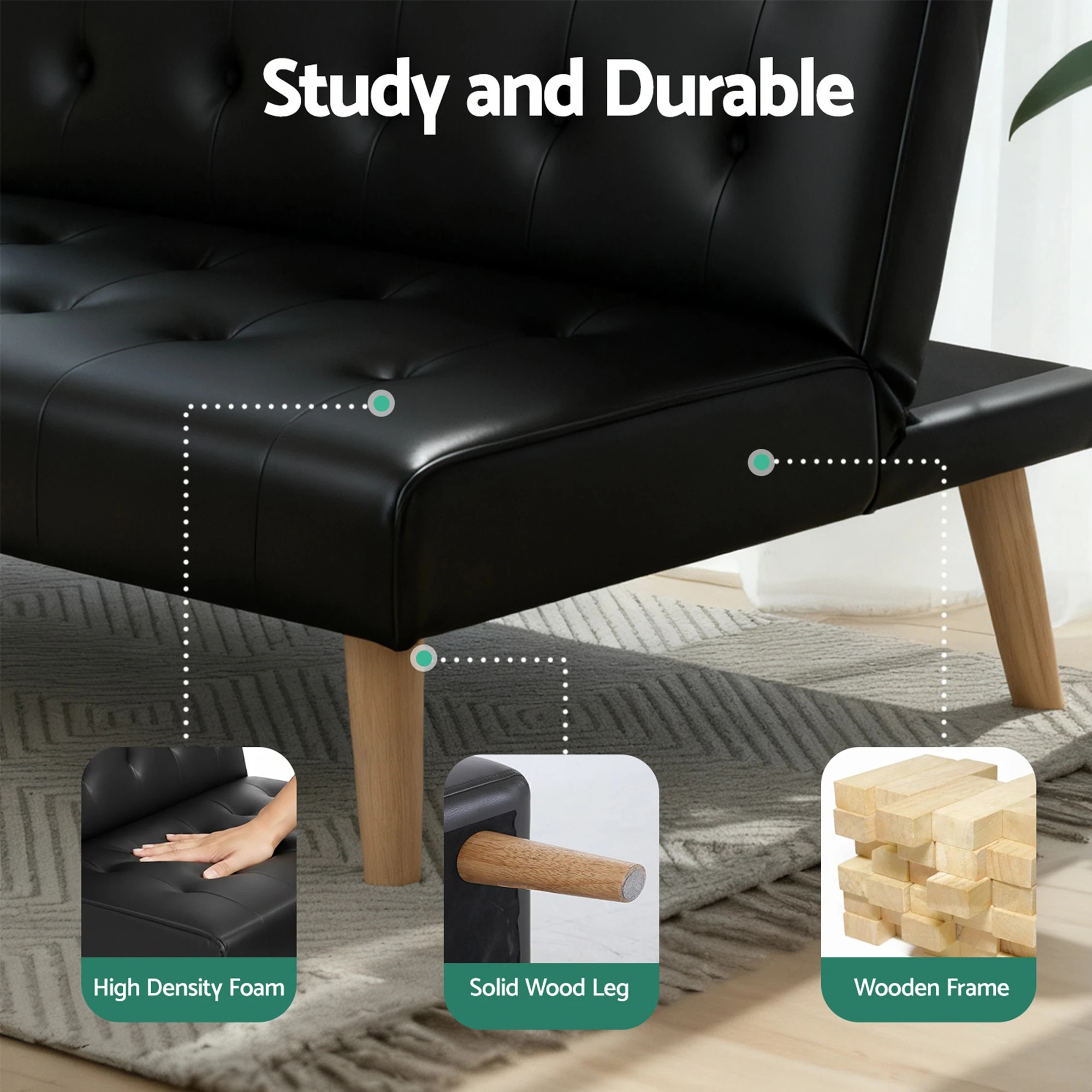 4 Artiss Sofa Bed Couch 2 Seater Lounge Fabric - Black, 4 of 7