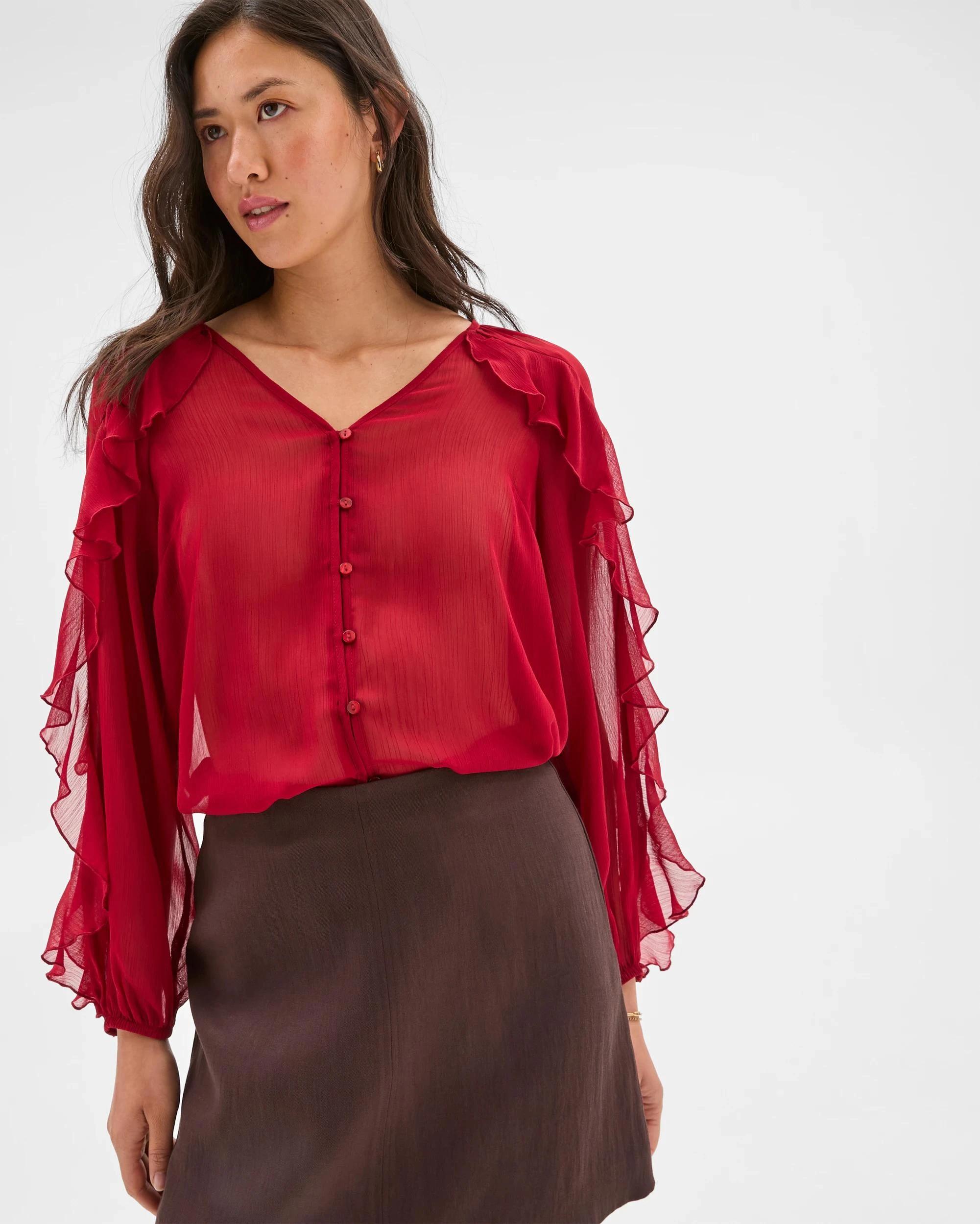 7 Long Sleeve Ruffle Detail Blouse - Preview CRIMSON, 7 of 7