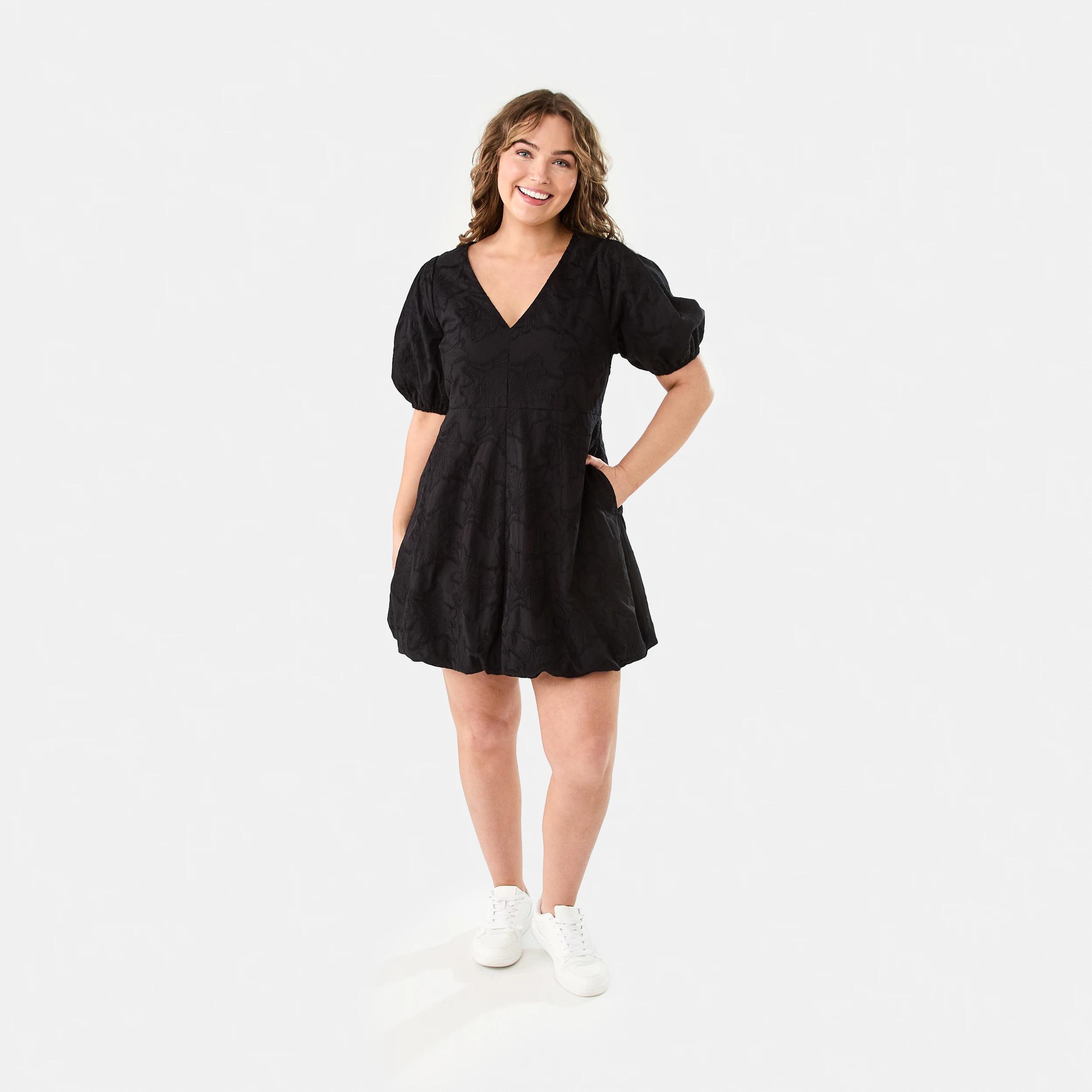 10 Short Sleeve Broderie Puff Sleeve Mini Dress Black, 10 of 10