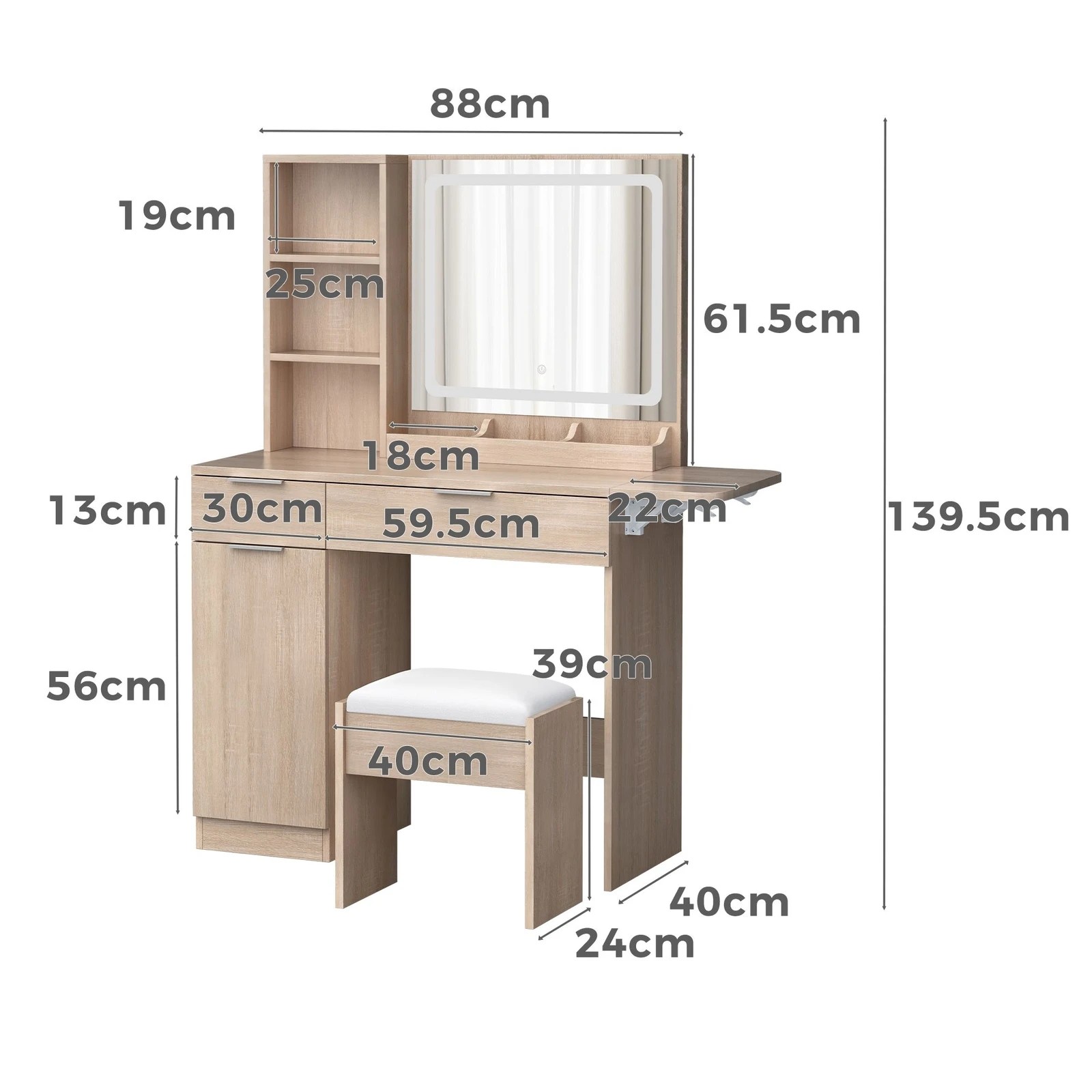 9 Alfordson Dressing Table Stool Set LED Vanity Desk Makeup Mirror Drawers - Wood, 9 of 10