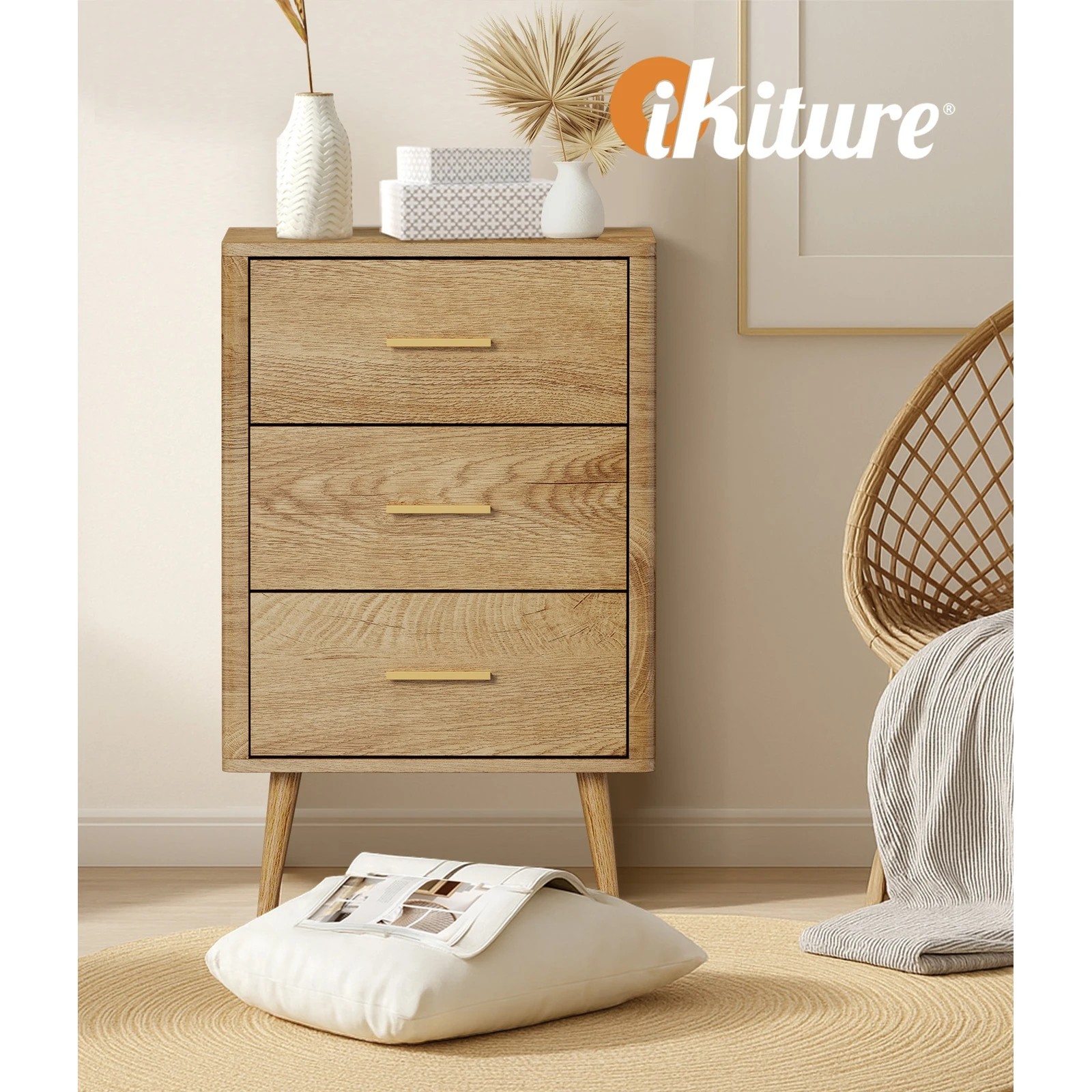 5 Oikiture 3 Chest Of Drawers Dresser Tallboy Storage Cabinet
 - Natural, 5 of 10