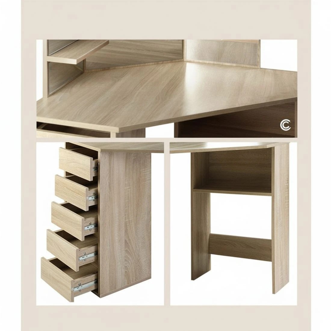 7 Artiss Dressing Table Stool Set Corner 5 Drawers Oak - Natural, 7 of 8