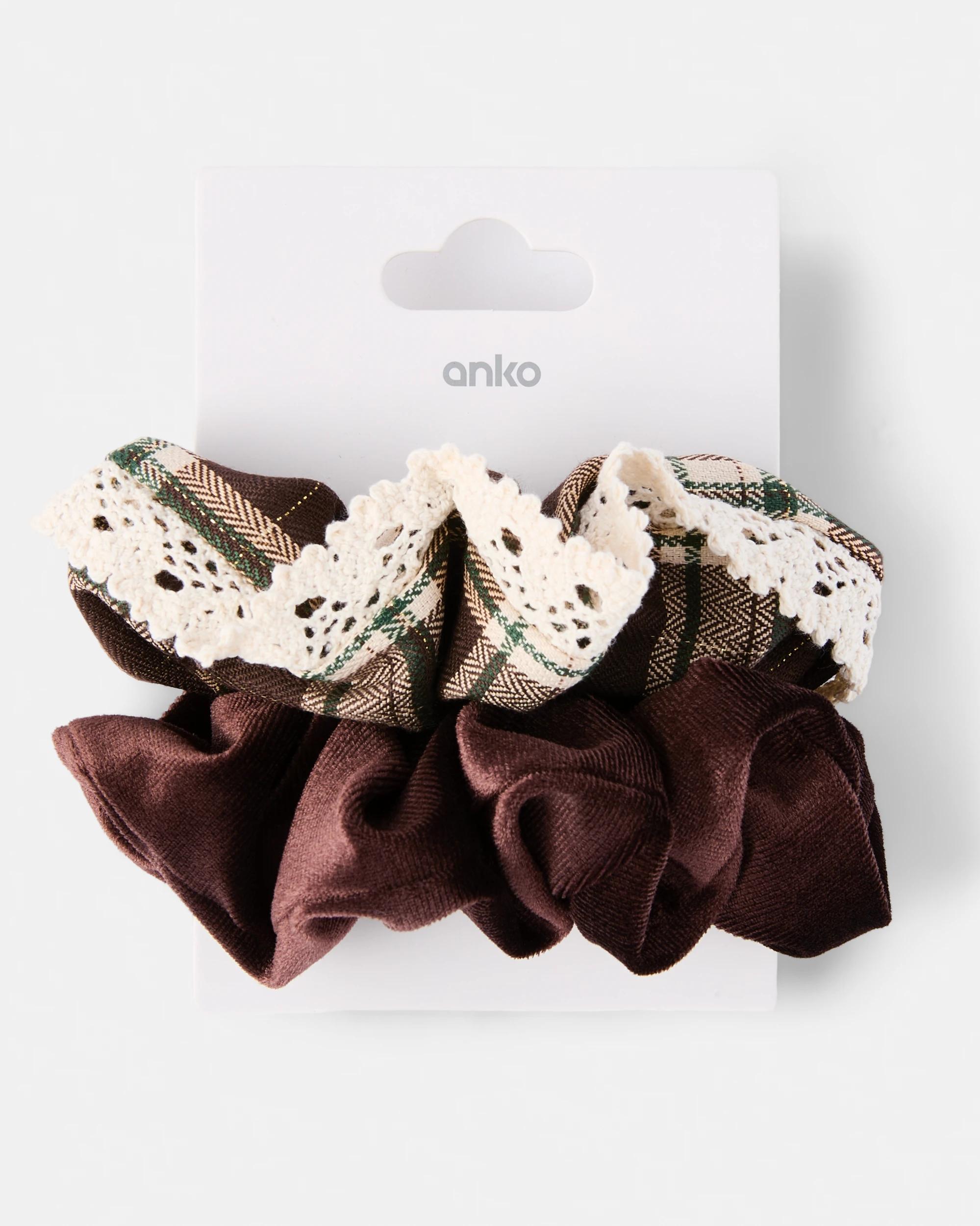 4 2 Pack Check Hair Scrunchies Brown, 4 of 4