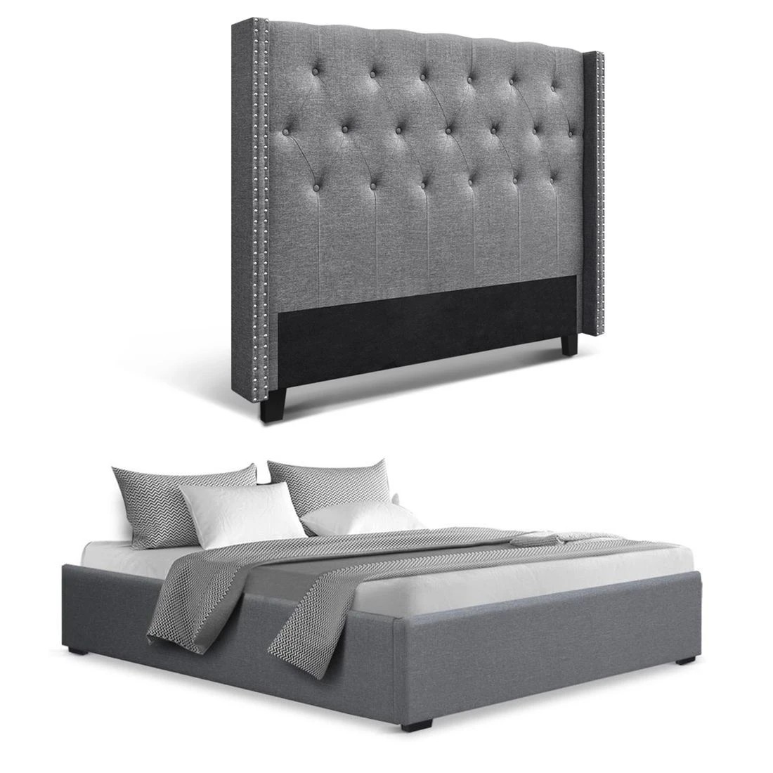 3 Artiss Queen Bed Frame Storage Tufted Headboard Gas Lift Base - Grey - Grey, 3 of 10