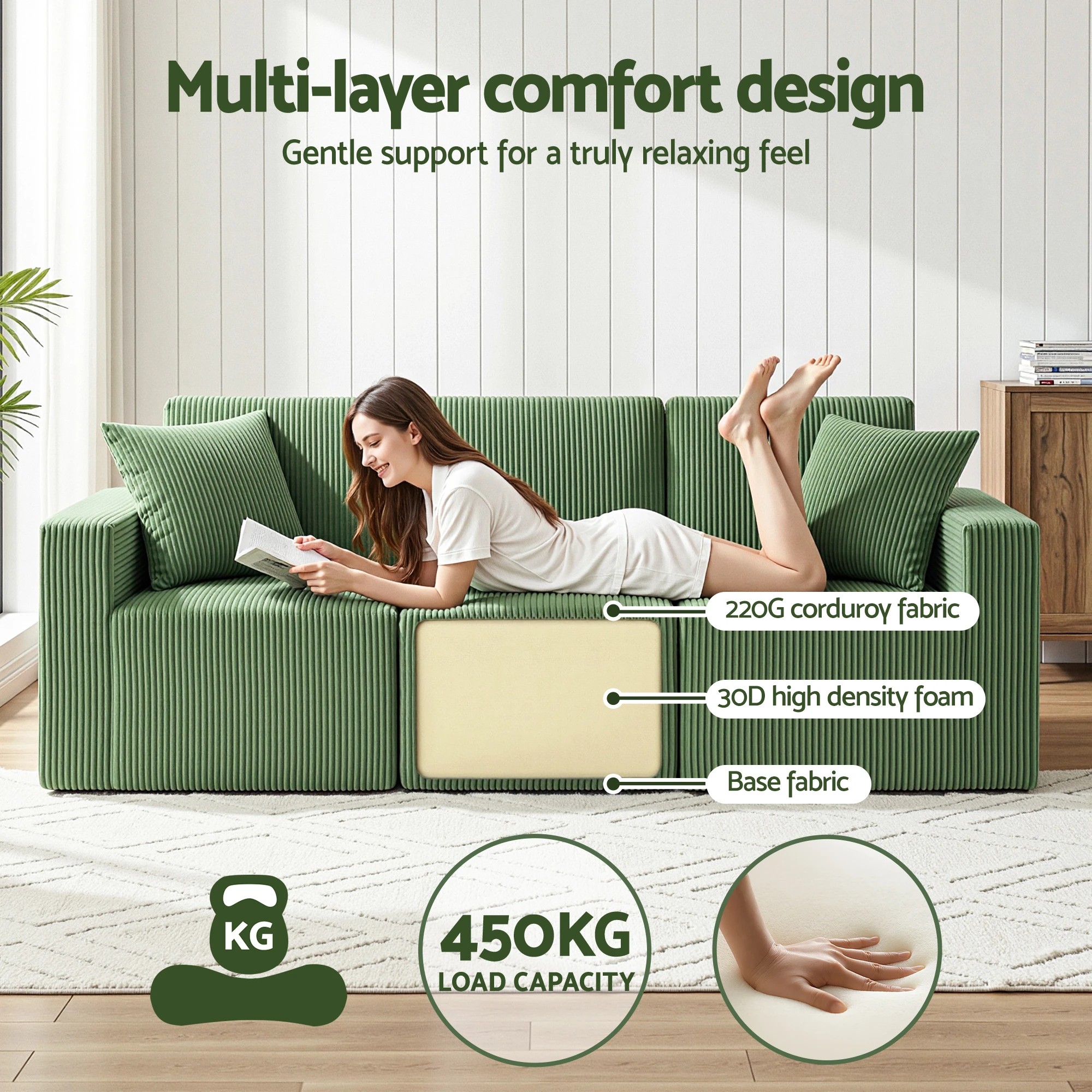 4 Artiss Modular 3-Seater Sofa Bed Convertible Sectional Floor Couch with Deep - Green, 4 of 8