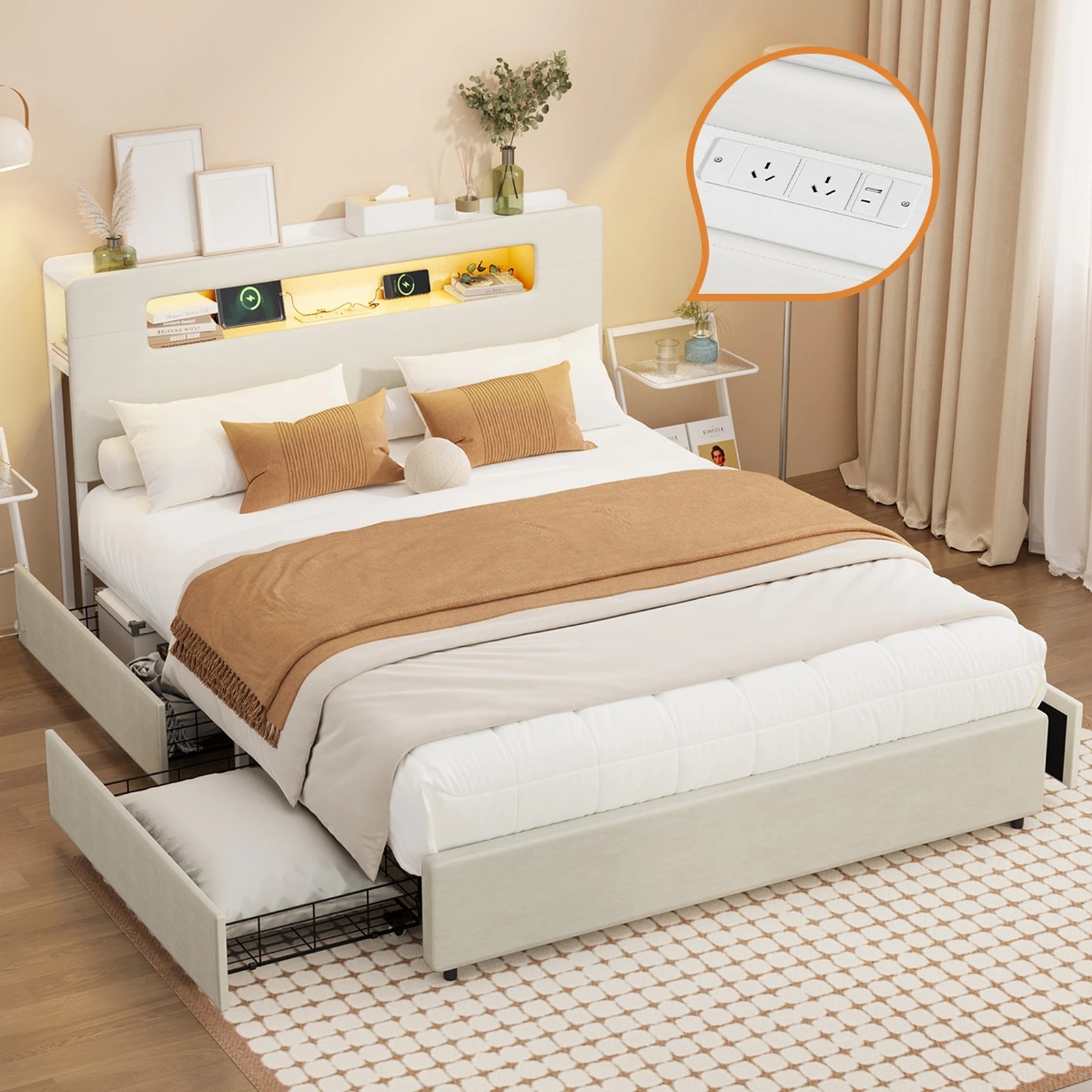 2 Oikiture Bed Frame 4 Drawers Queen Size with LED Charging Storage Bedhead - White, 2 of 7