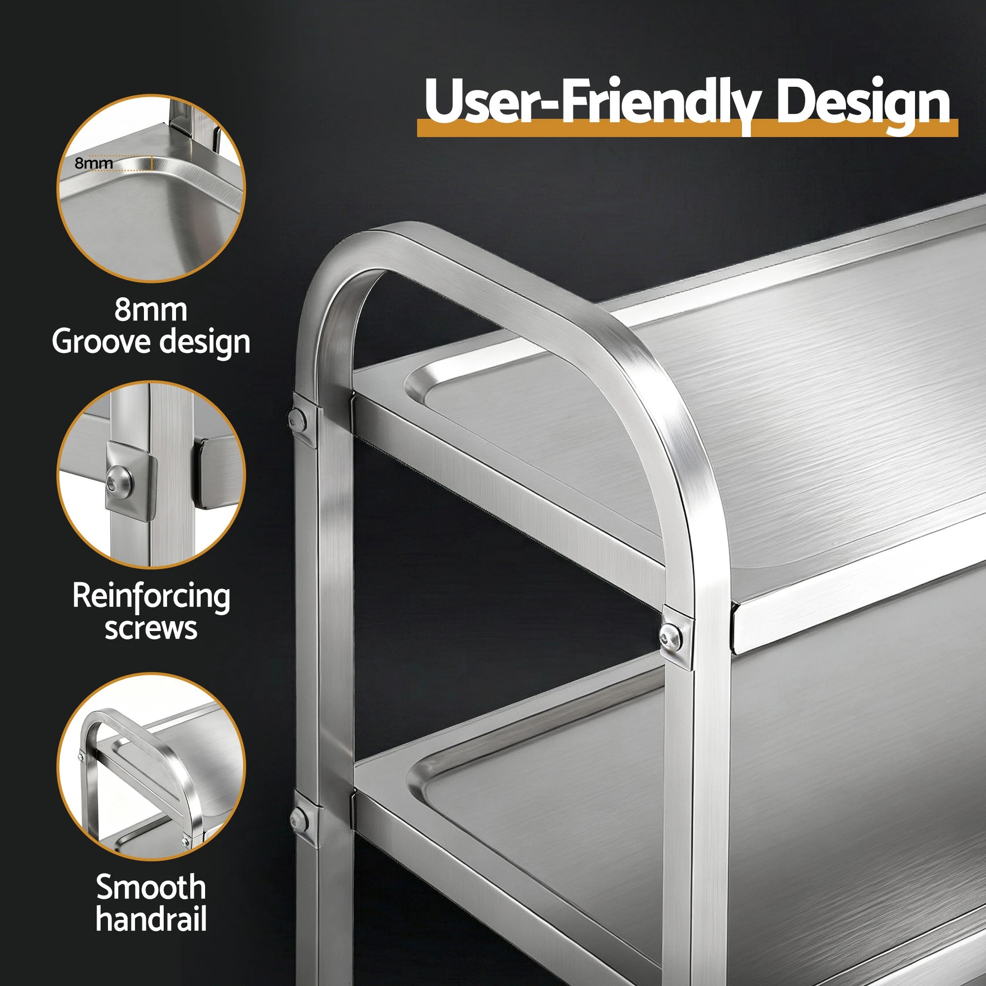 4 Cefito 3-Tier Stainless Steel Kitchen Trolley with Wheels 89X50X83cm - Silver, 4 of 6