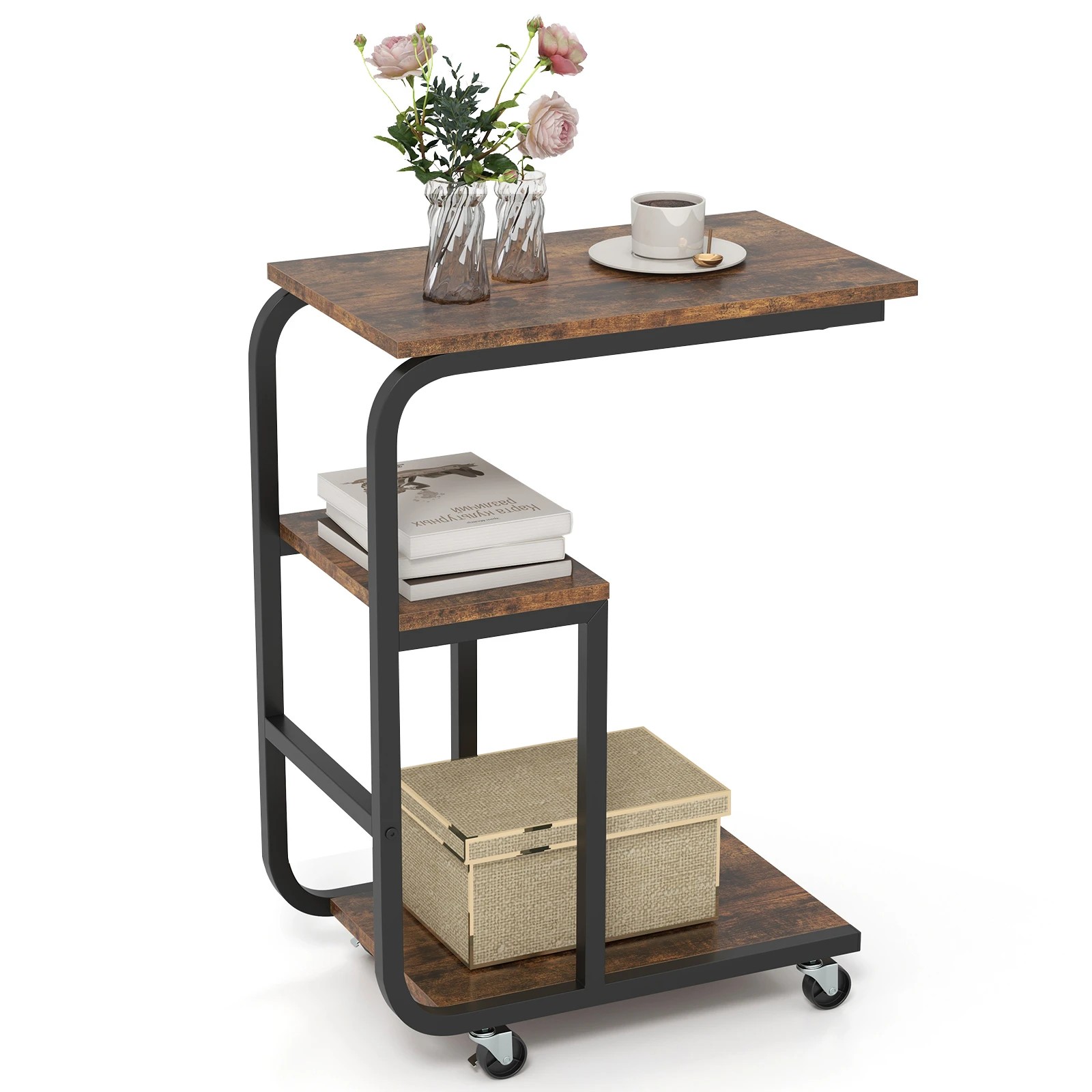 4 Costway C-shaped End Table Industrial Sofa Side Table w/Open Shelves Metal Frame, 4 of 4