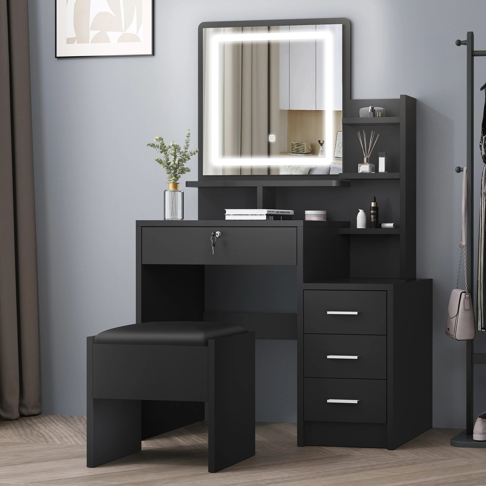 2 Alfordson Dressing Table Stool Set LED Makeup Mirror Vanity Desk Drawers - Black, 2 of 10