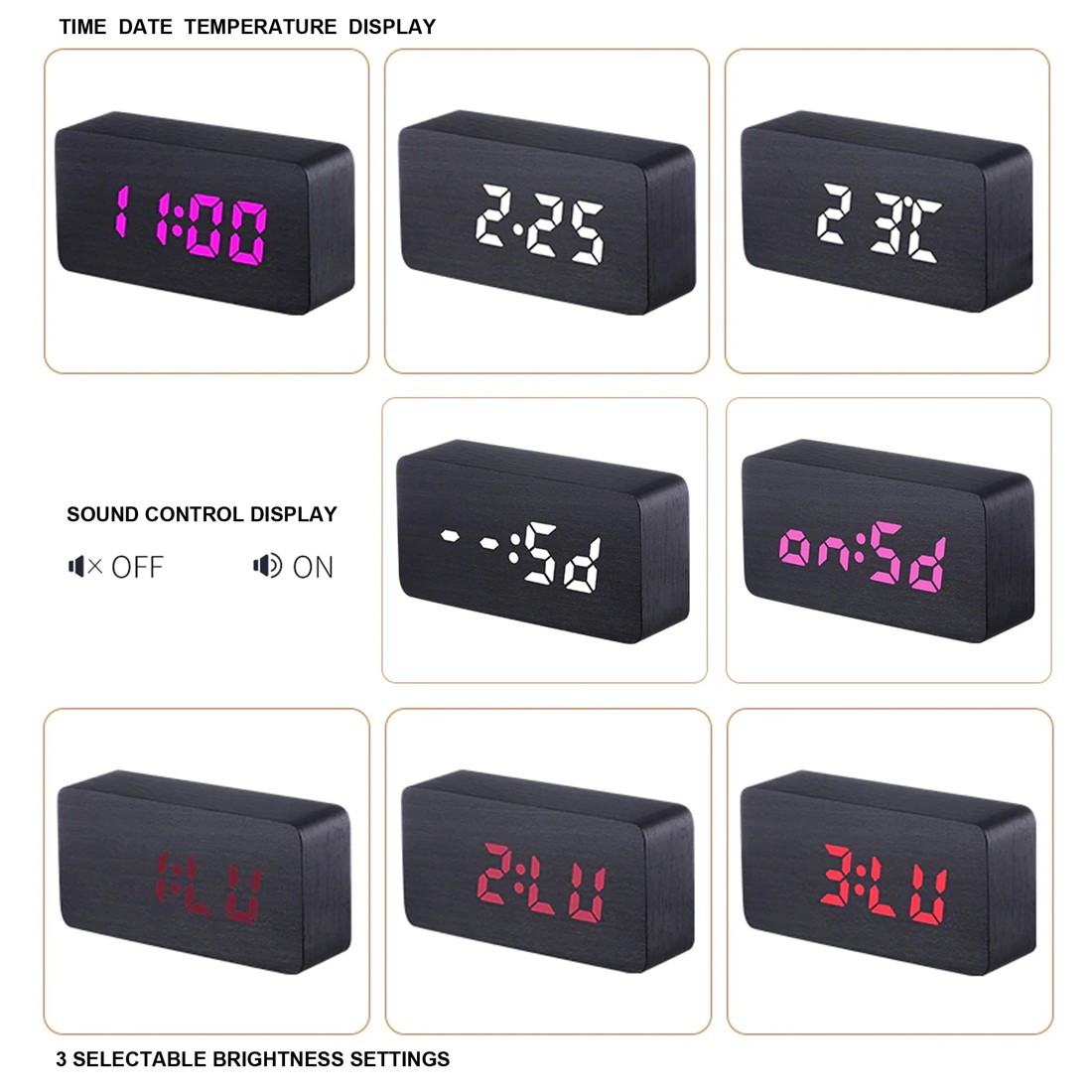 5 TODO LED Digital Alarm Clock 3 Alarm 115 Colour Display USB Power Woodgrain - Black, 5 of 6