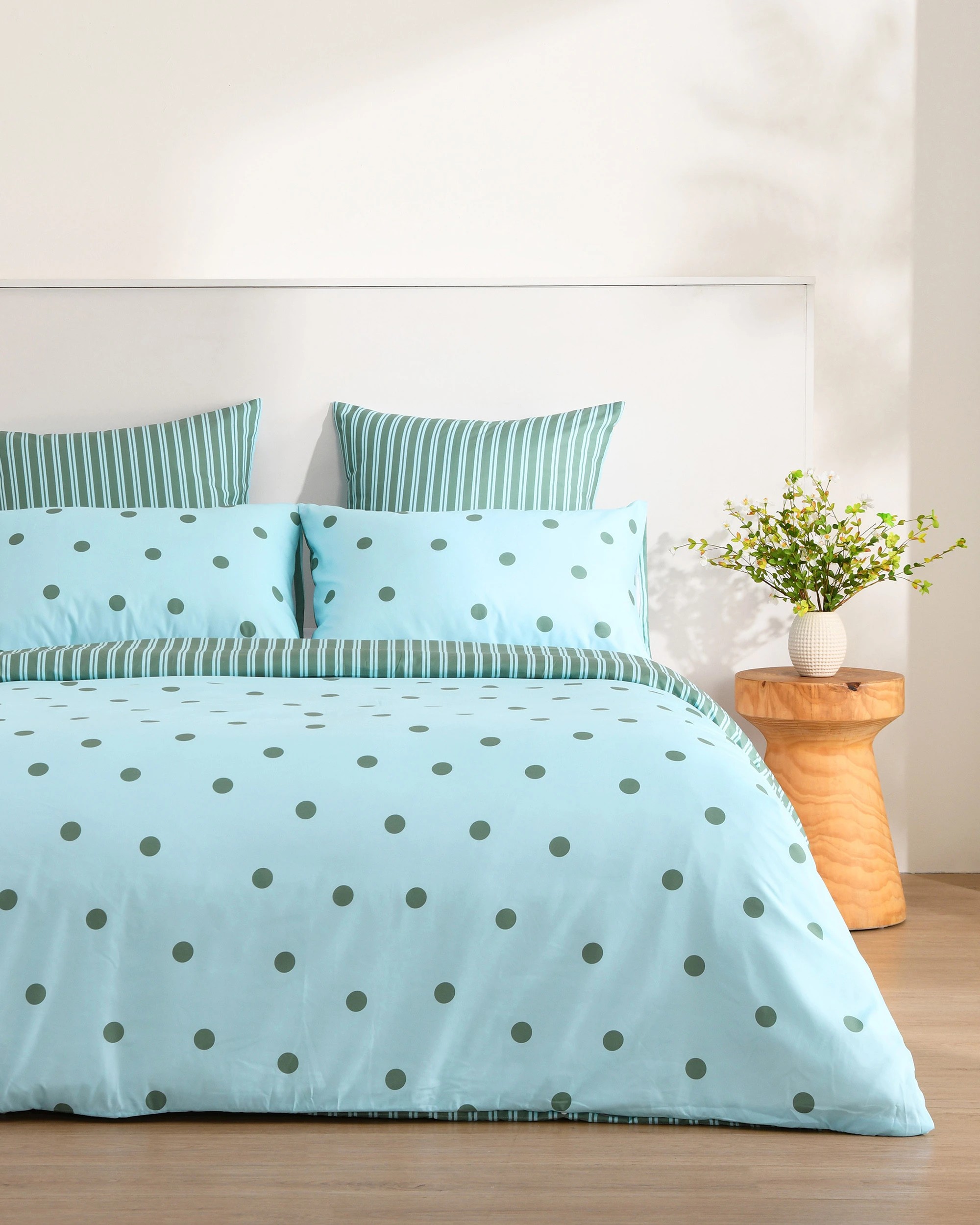 1 Dreamaker Pippa Polka Dot & Stripe Reversible Quilt Cover Set - Double Bed - Sky/Green, 1 of 6