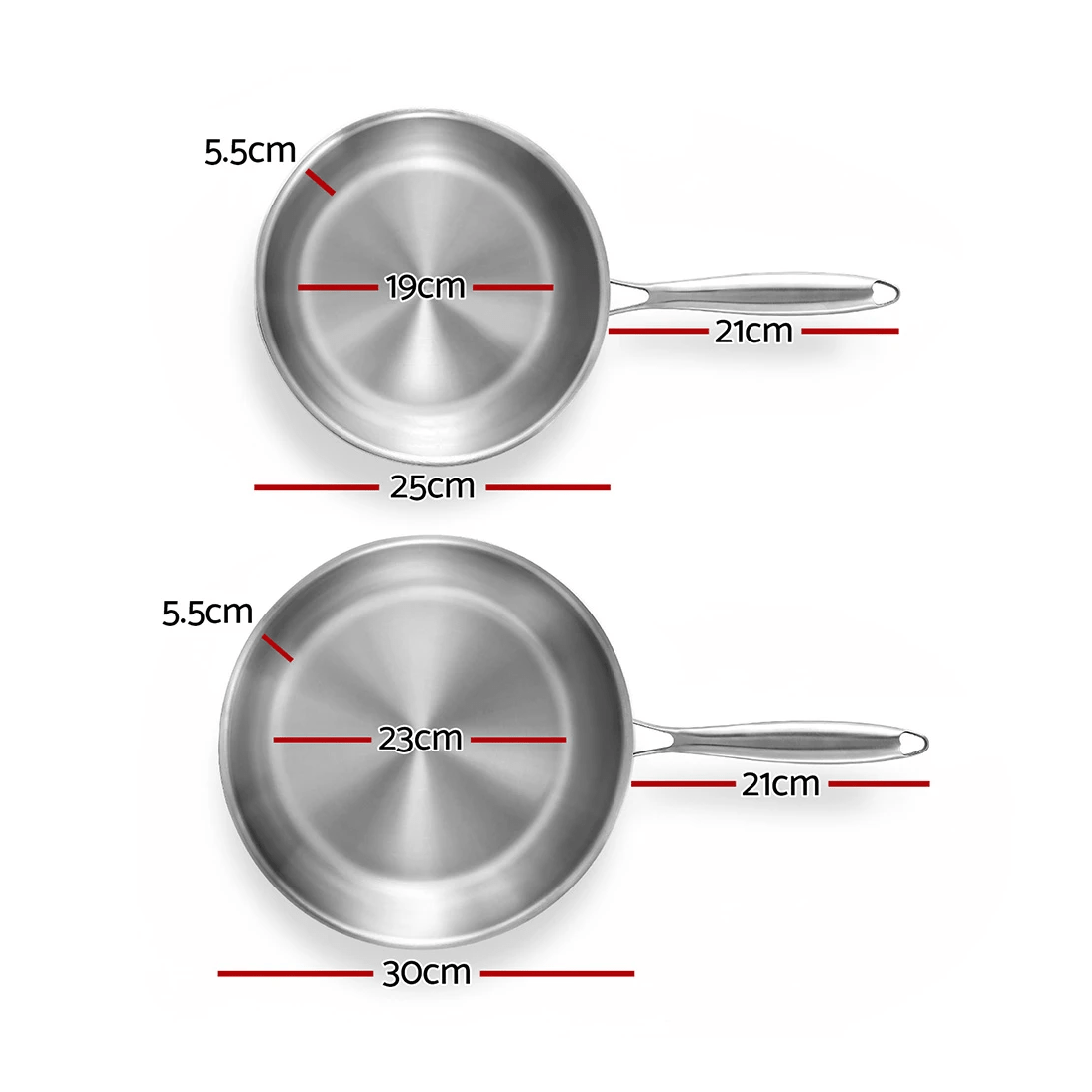 2 5-star Chef Frying Pan Stainless Steel Uncoated Twin Frypan Set 25/30cm - Silver, 2 of 2