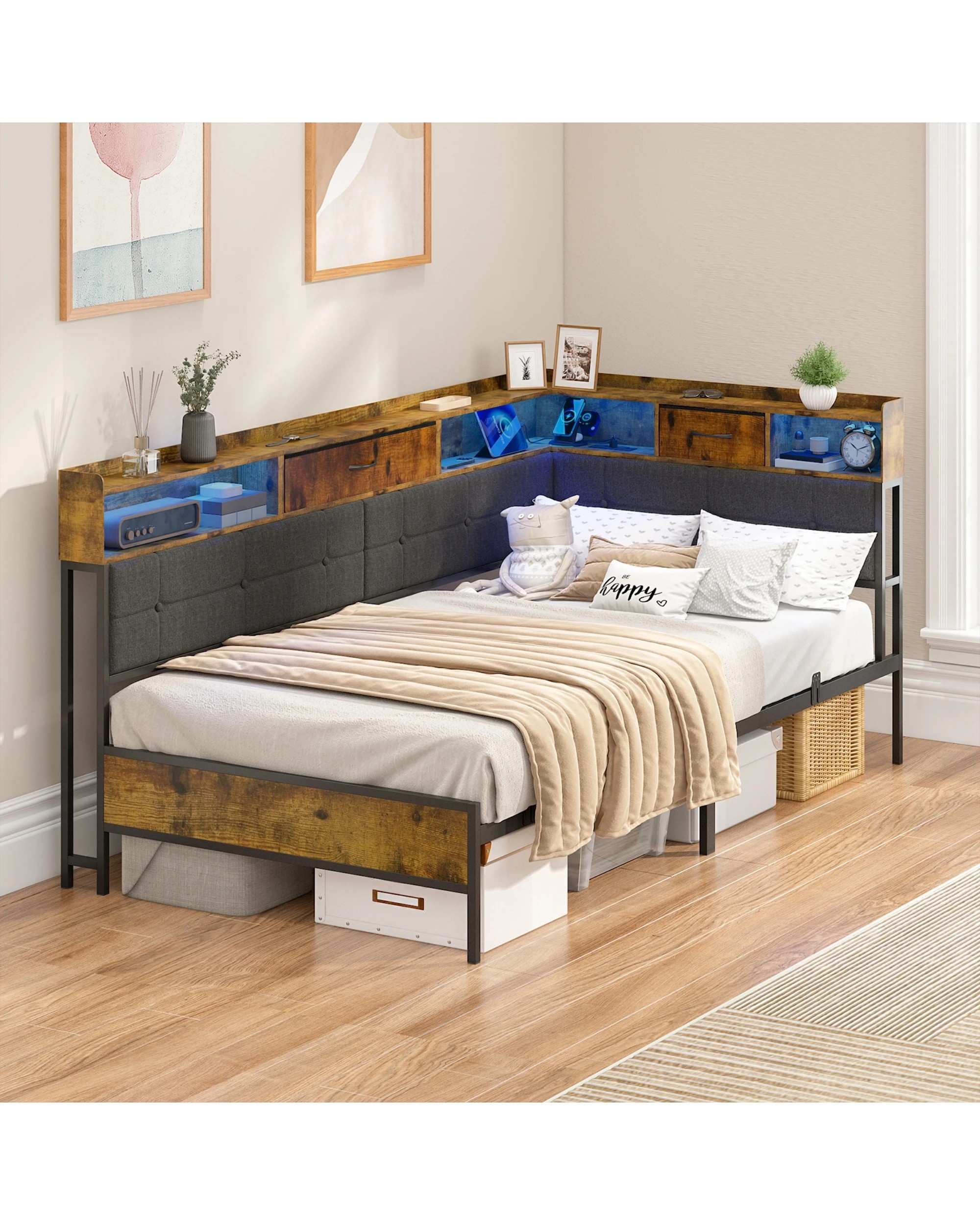 5 Advwin Single Corner Bed Frame with RGB LED and Charging Station - Brown, 5 of 5