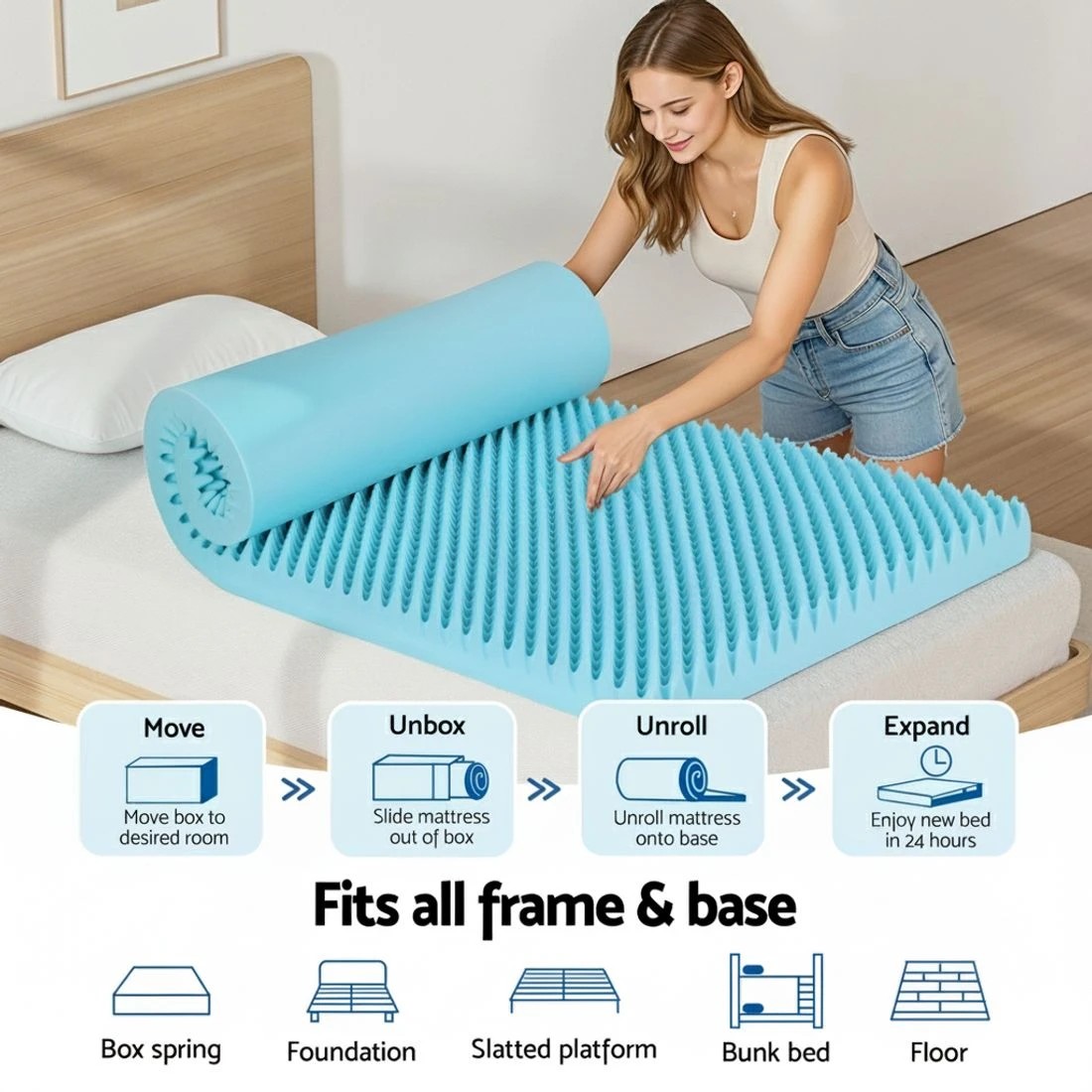 9 Giselle 8cm Memory Foam Mattress Topper Gel Egg Crate Foam Bamboo King Single - King Single Bed - Blue, 9 of 9