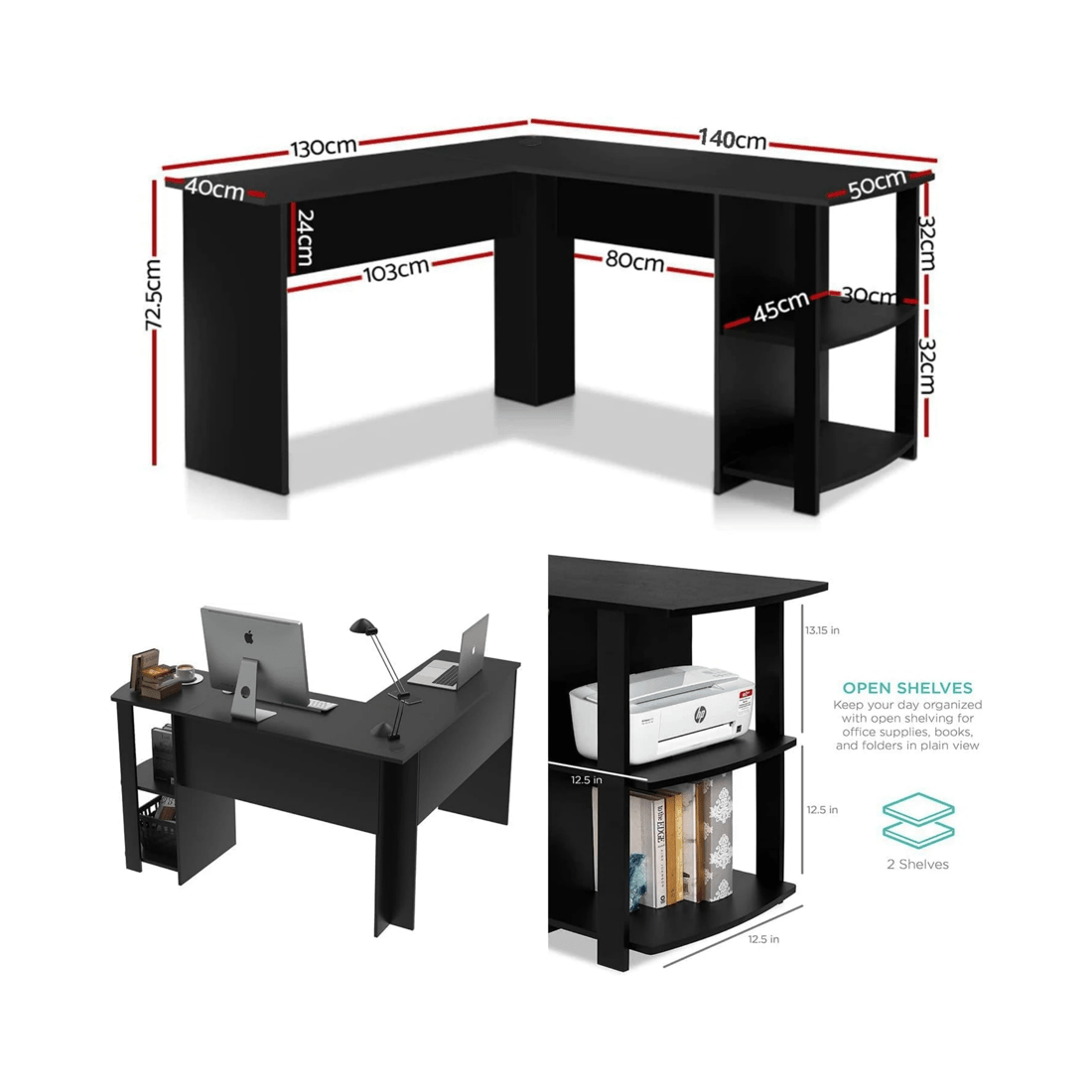 2 Advwin Computer Desk L Shaped Office Desk Corner Study Table Black, 2 of 7