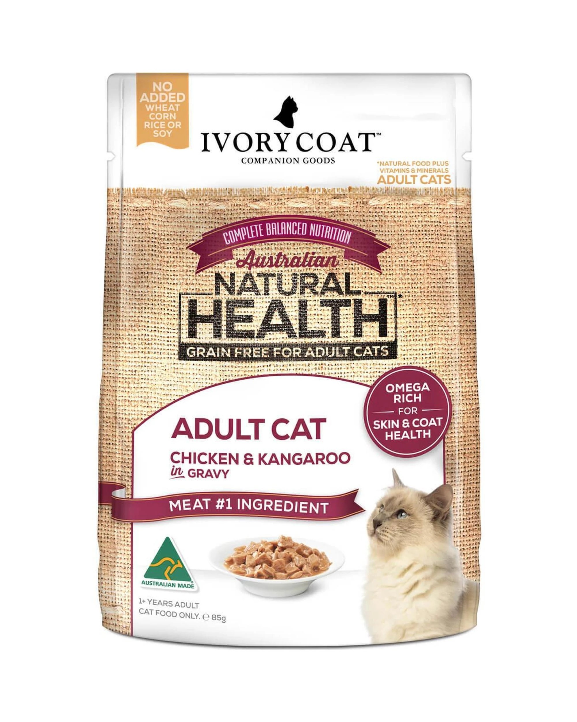 1 Ivory Coat Adult Wet Cat Food Chicken & Kangaroo in Gravy 12 x 85g, 1 of 1