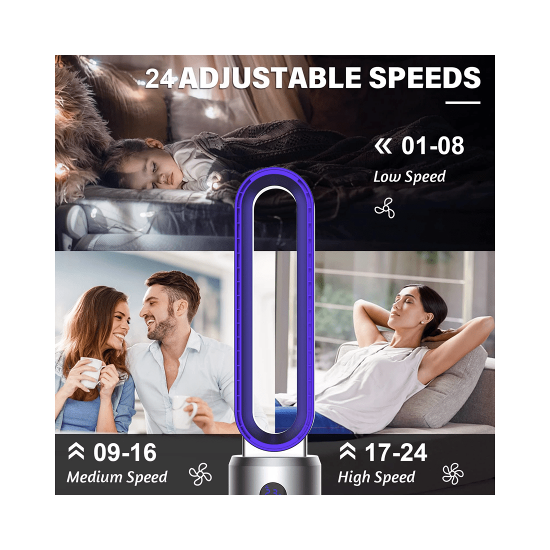 6 Advwin Bladeless Tower Fan Portable Electric Standing Floor Fan Air Circulator With Remote 24-Speeds Adjustable, 6 of 8
