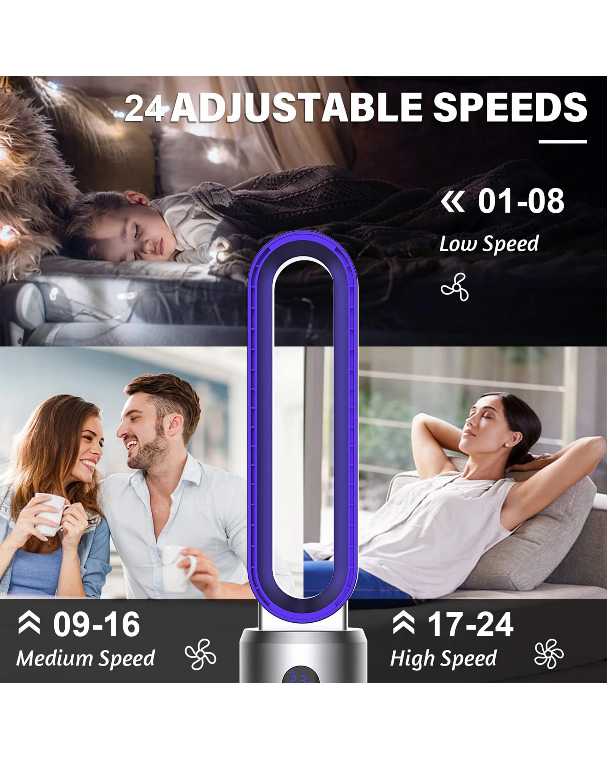 6 Advwin Bladeless Tower Fan Portable Electric Standing Floor Fan Air Circulator With Remote 24-Speeds Adjustable, 6 of 8