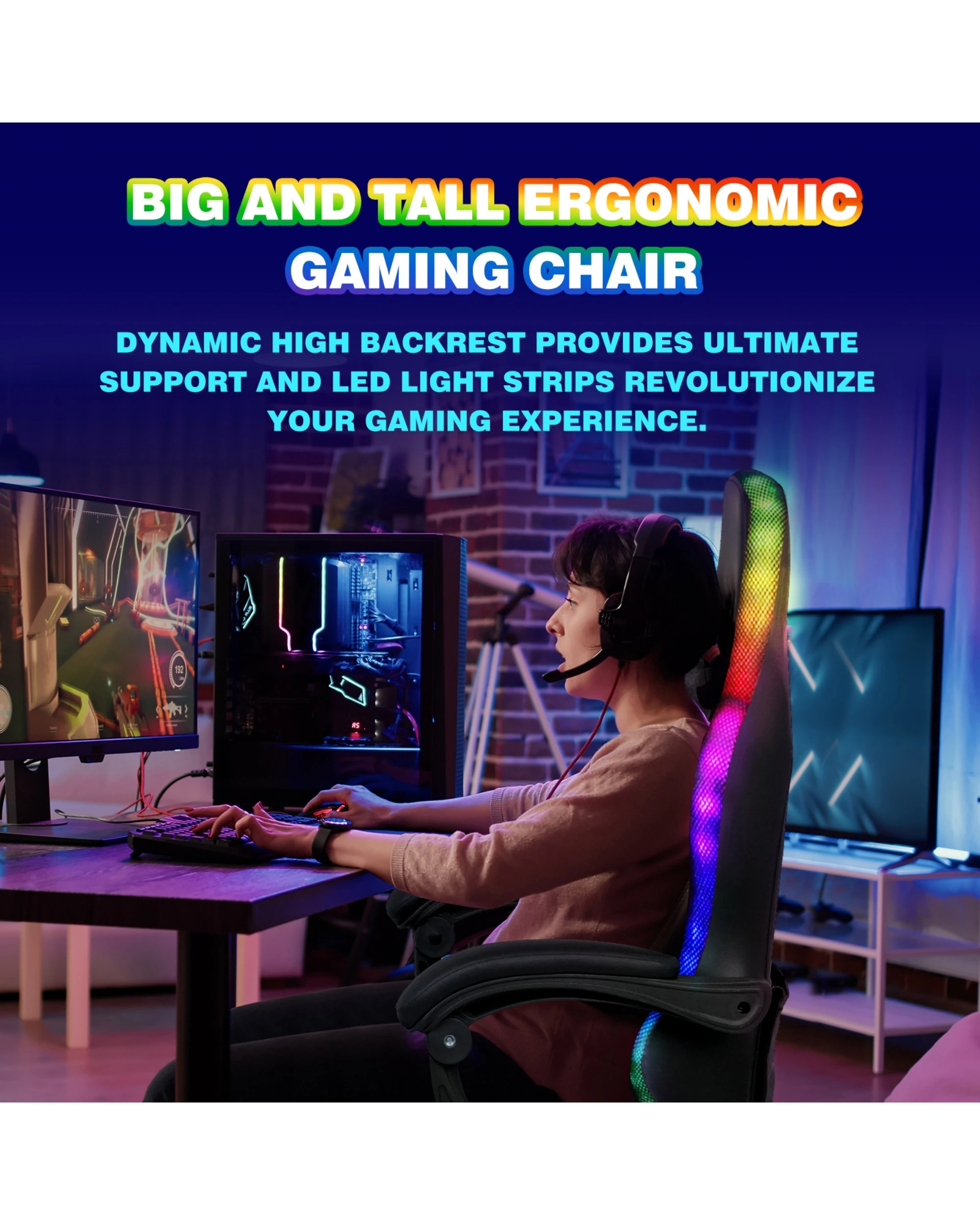5 Advwin Led Lights Gaming Chair With Massagers Black/white, 5 of 8