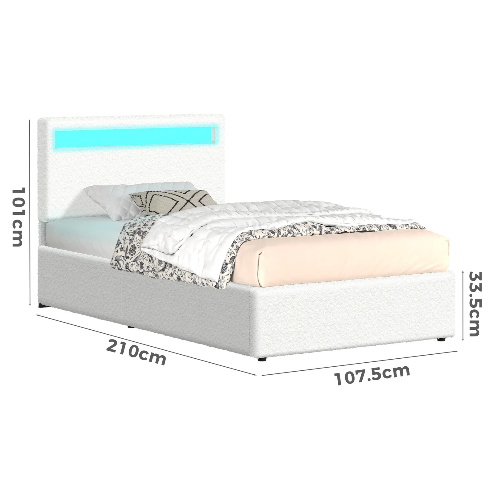 9 Alfordson Bed Frame King Single RGB LED Gas Lift Storage Base Boucle Luchino - White, 9 of 10
