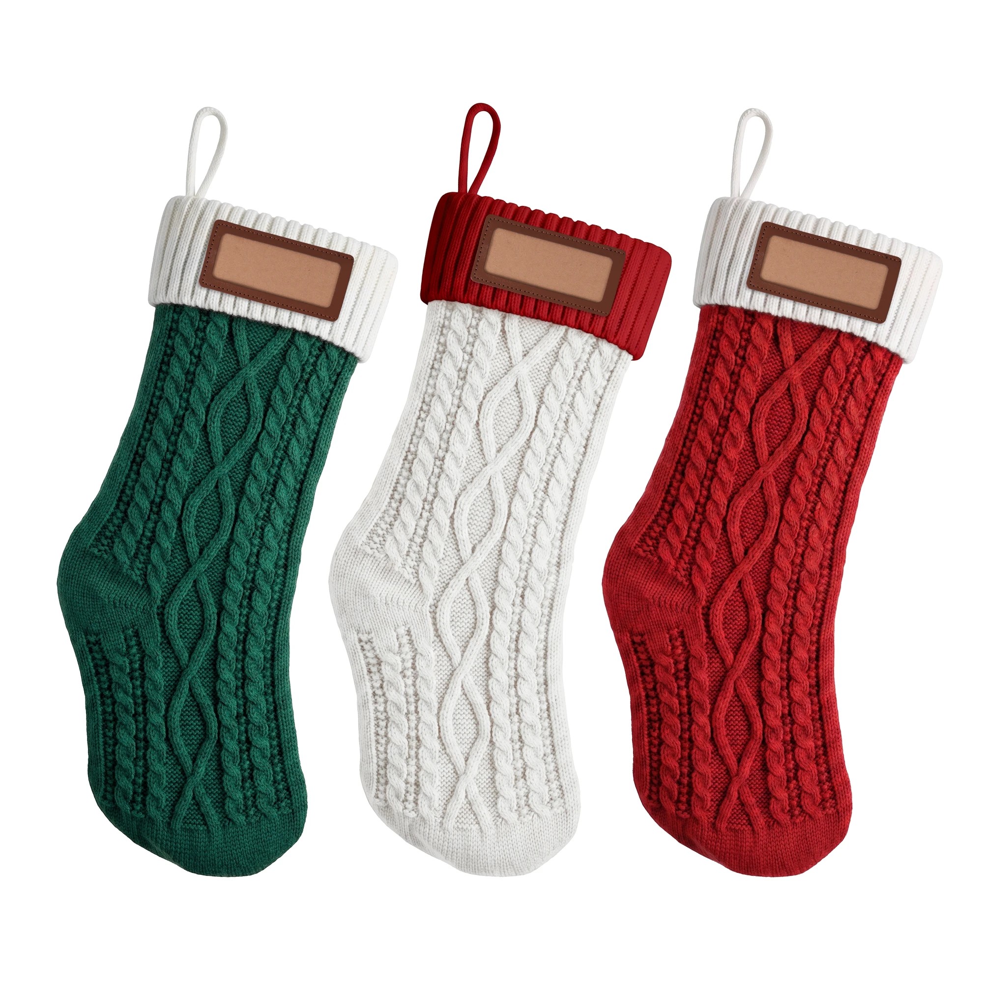 1 Jingle Jollys 3PCS Personalized Christmas Stockings Leather Patches 16 Inch Knitted Xmas Hanging Decor - Multi, 1 of 7