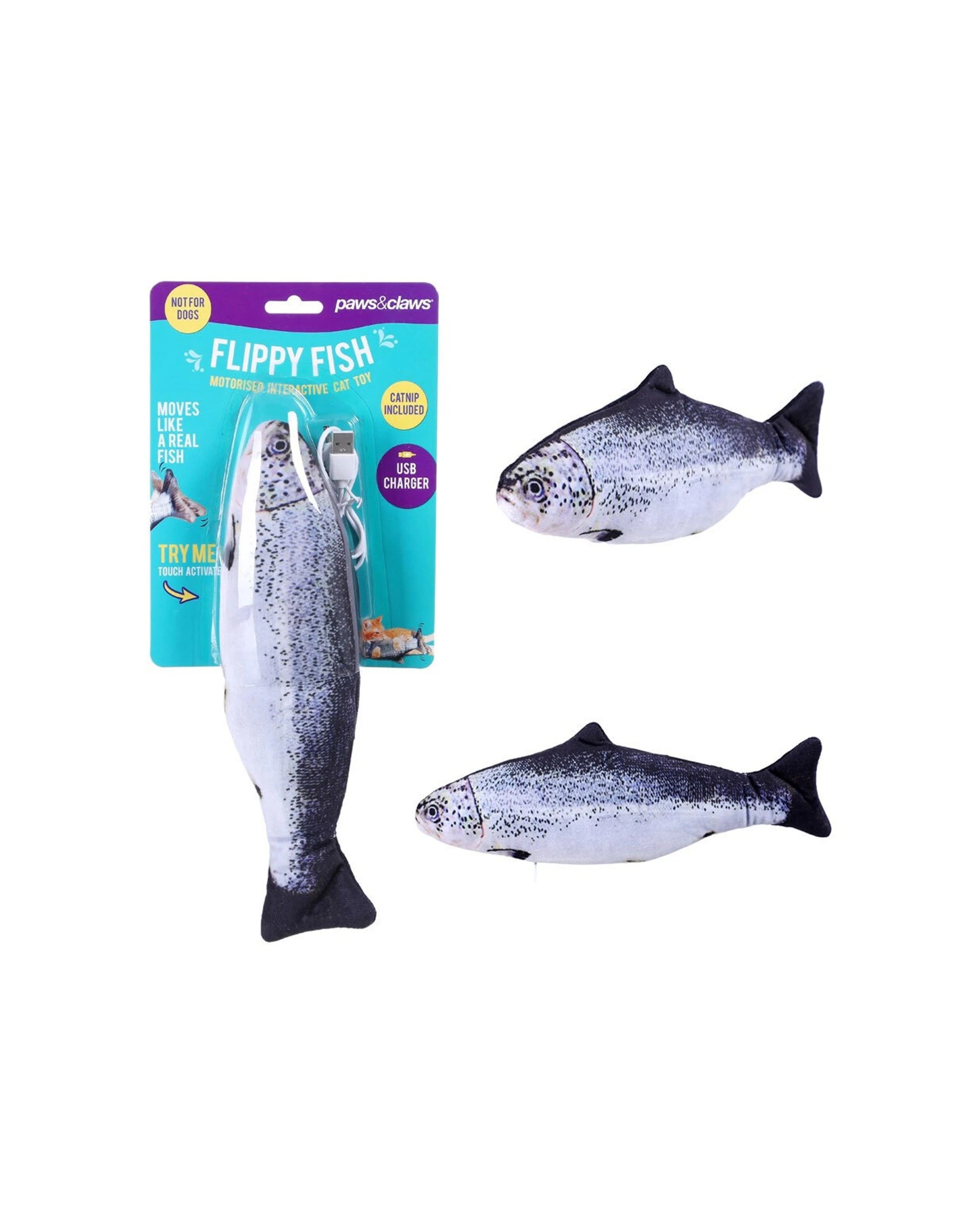 4 Paws And Claws Flippy Fish 30cm Interactive Cat Toy Usb Rechargeable Catnip Pouch - Multi, 4 of 4