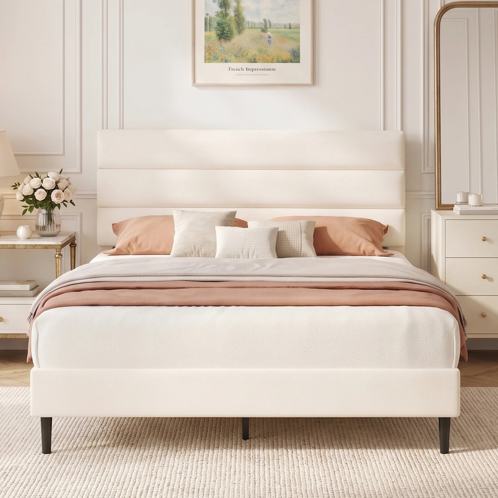 2 Advwin Double Velvet Upholstered Bed Frame with Wooden Slats - Beige, 2 of 7