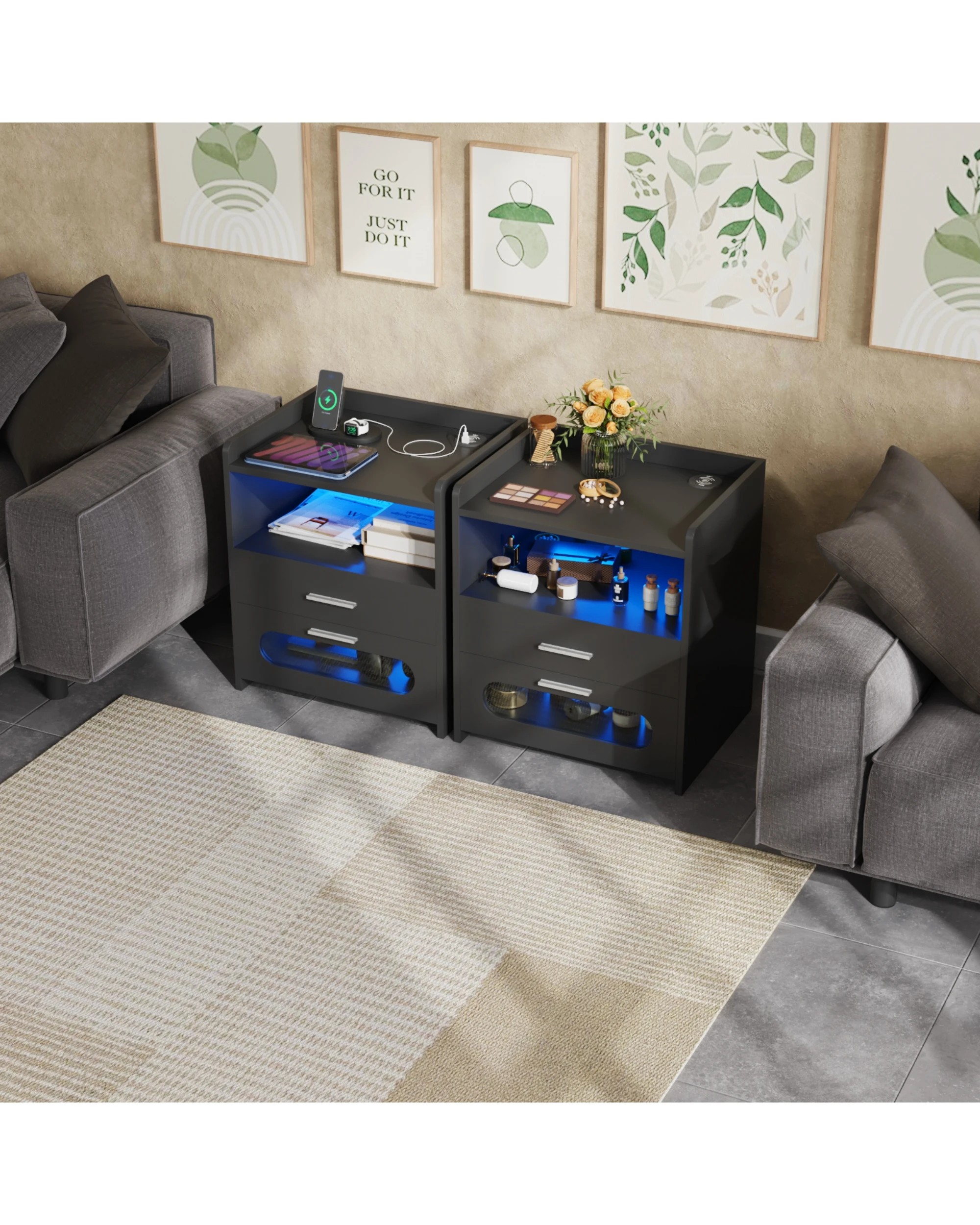 2 Advwin Bedside Table Set of 2 Wireless Charging Station Led Lights 2 Drawers Storage - Black, 2 of 9