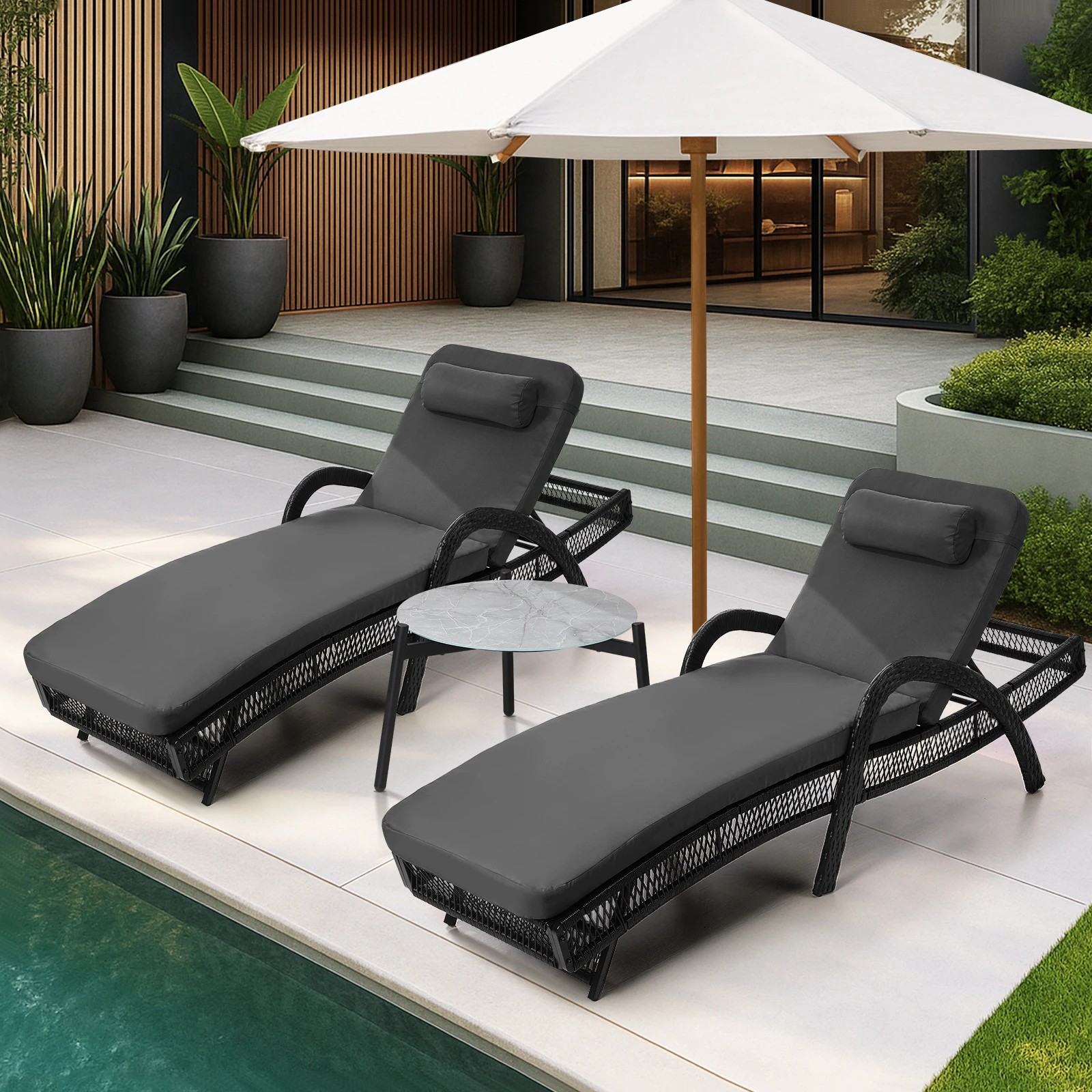 Livsip 3PCS Outdoor Sun Lounge Set Wicker Lounger Table Chairs - Grey ...