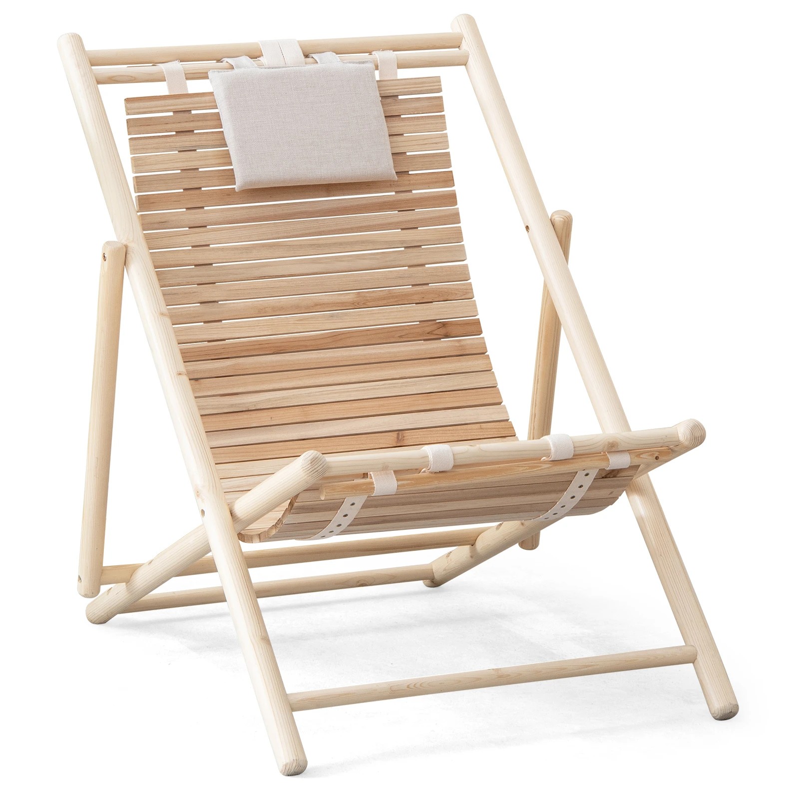 1 Costway Outdoor Adjustable Sling Chair Folding Wooden Lounger w/3 Adjustable Positions - Natural, 1 of 3