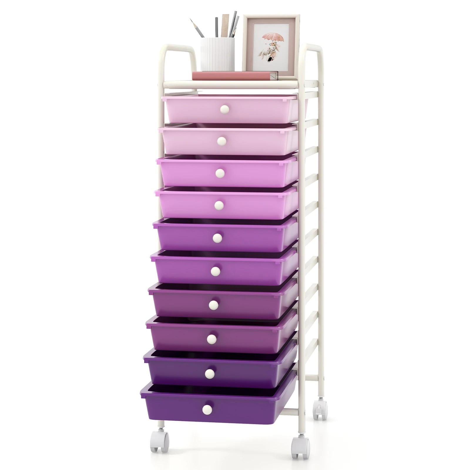 5 Costway 10 Drawers Rolling Storage Cart Mobile Utility Trolley - Purple, 5 of 5